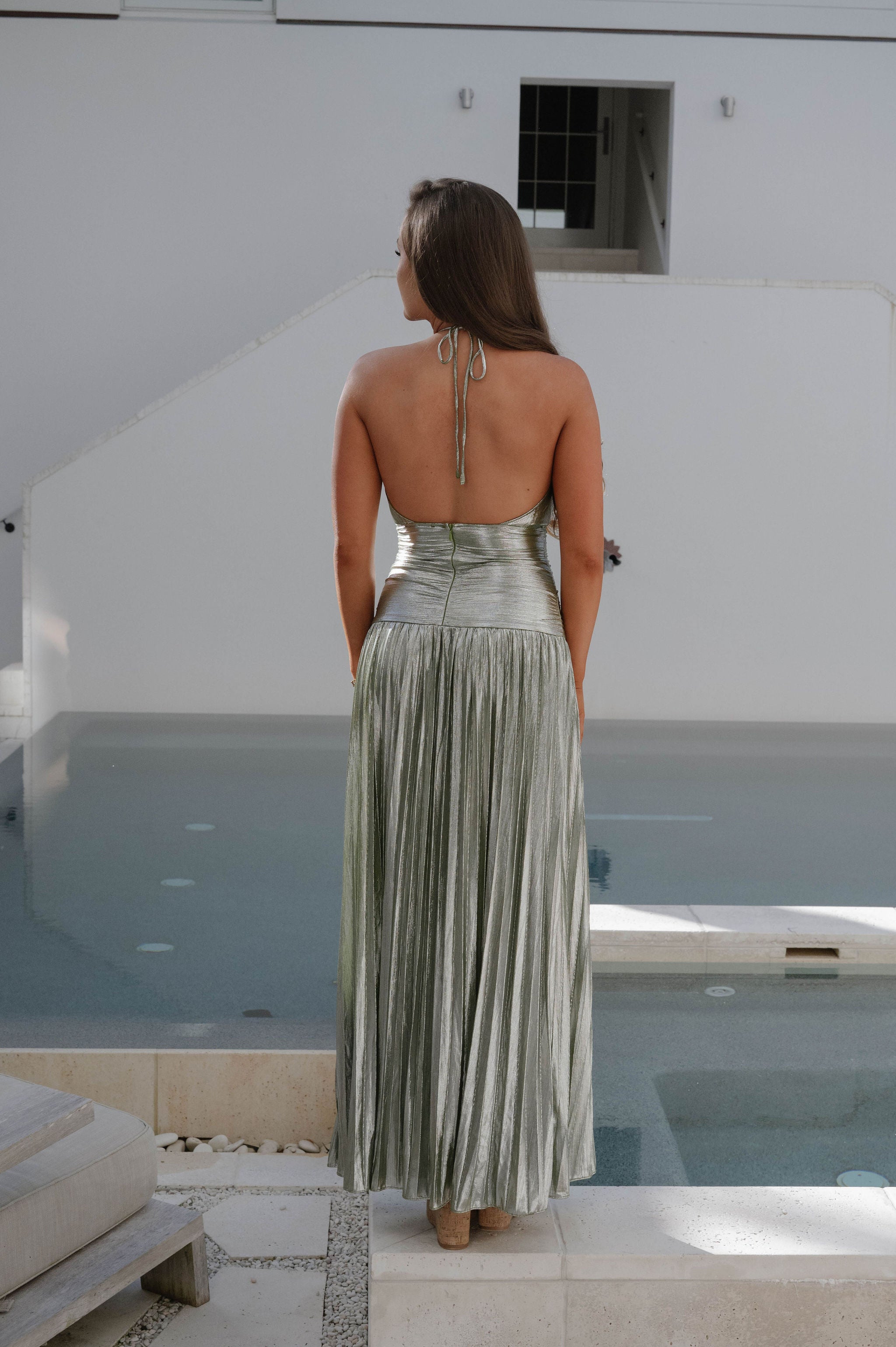 Metallic Pleated Maxi Dress-Sage