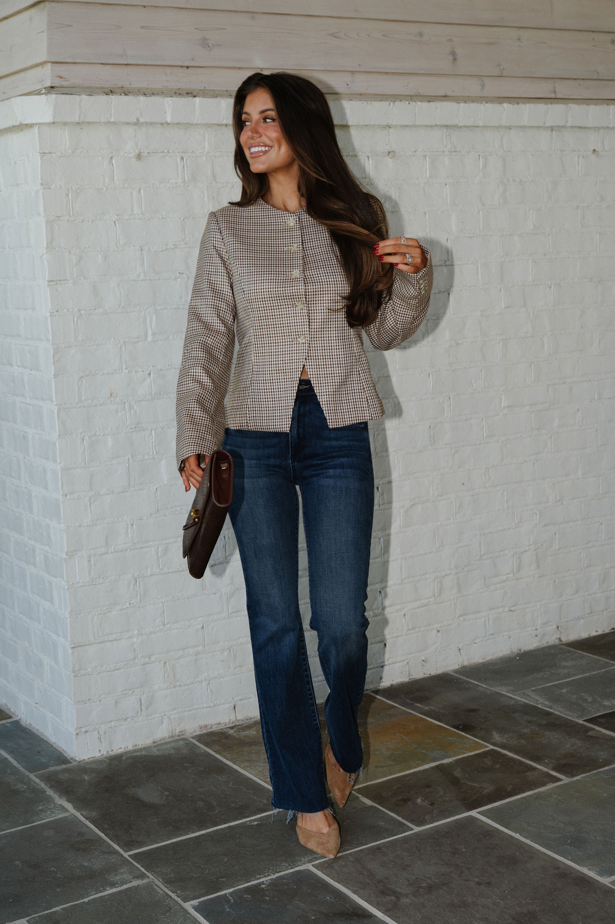 Nora Front Button Top-Brown/Plaid
