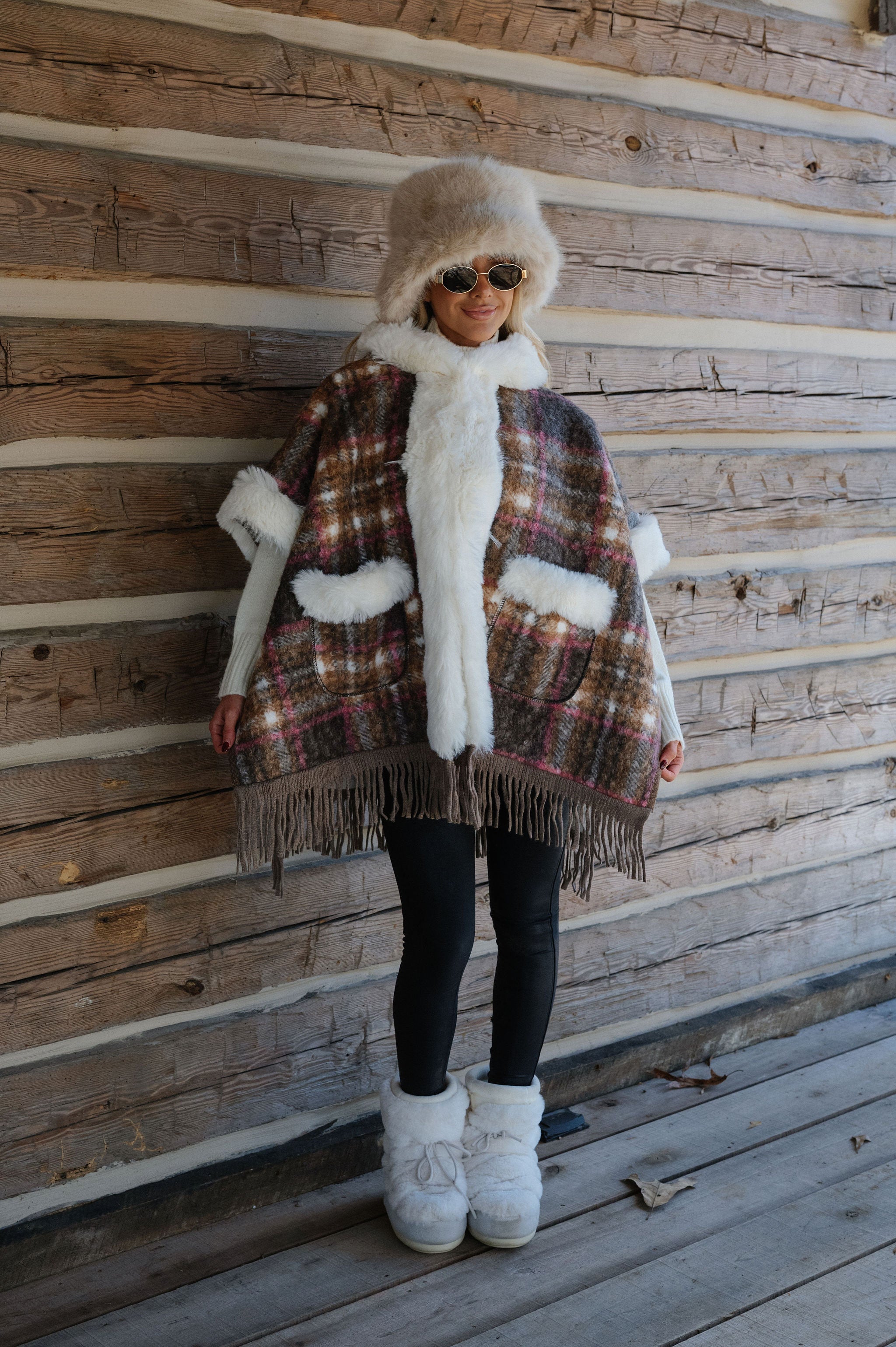 Plaid Fringed Cape Coat-Brown Multi