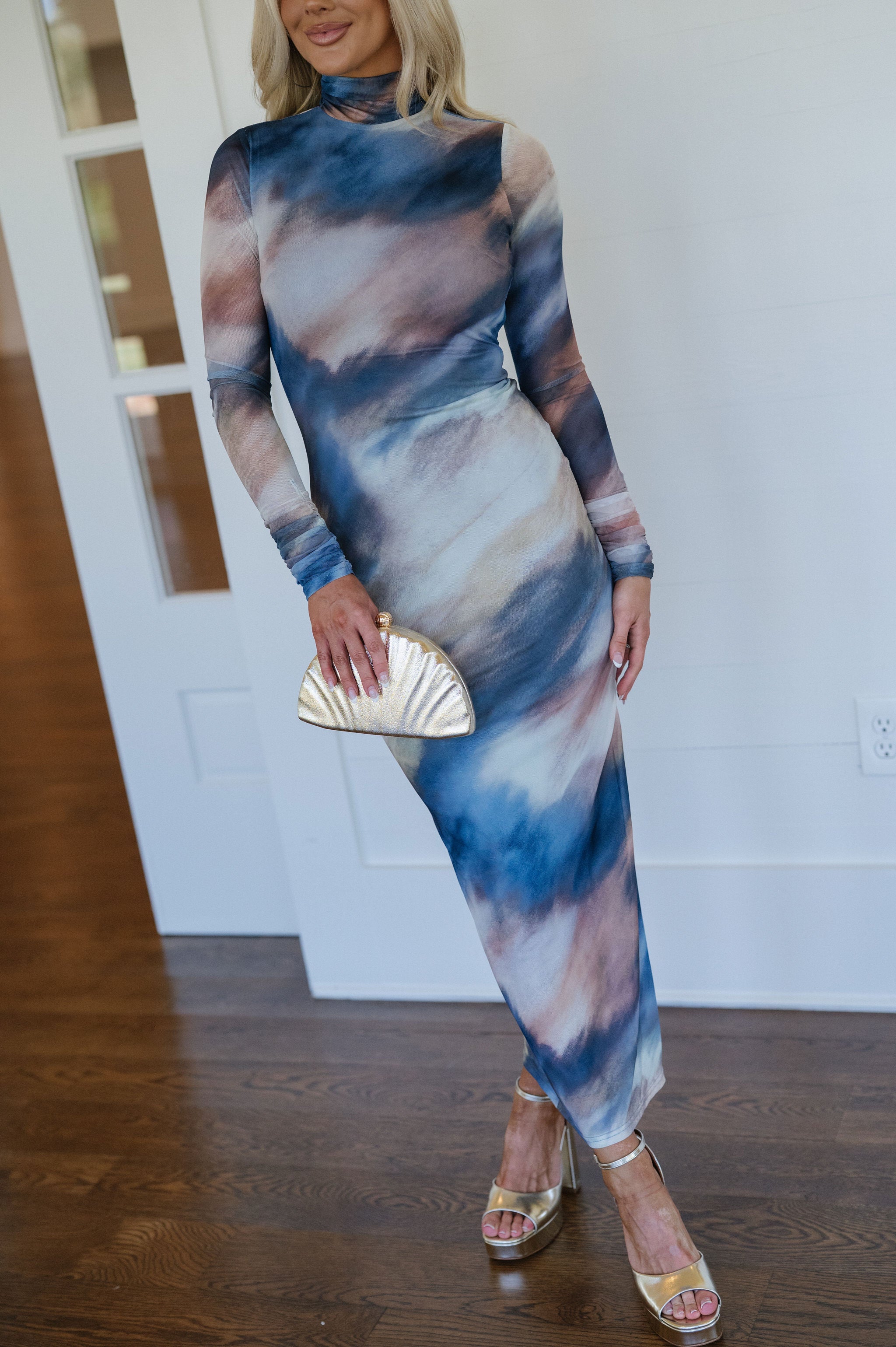 Kendall Mock Neck Mesh Midi Dress-Blue Multi