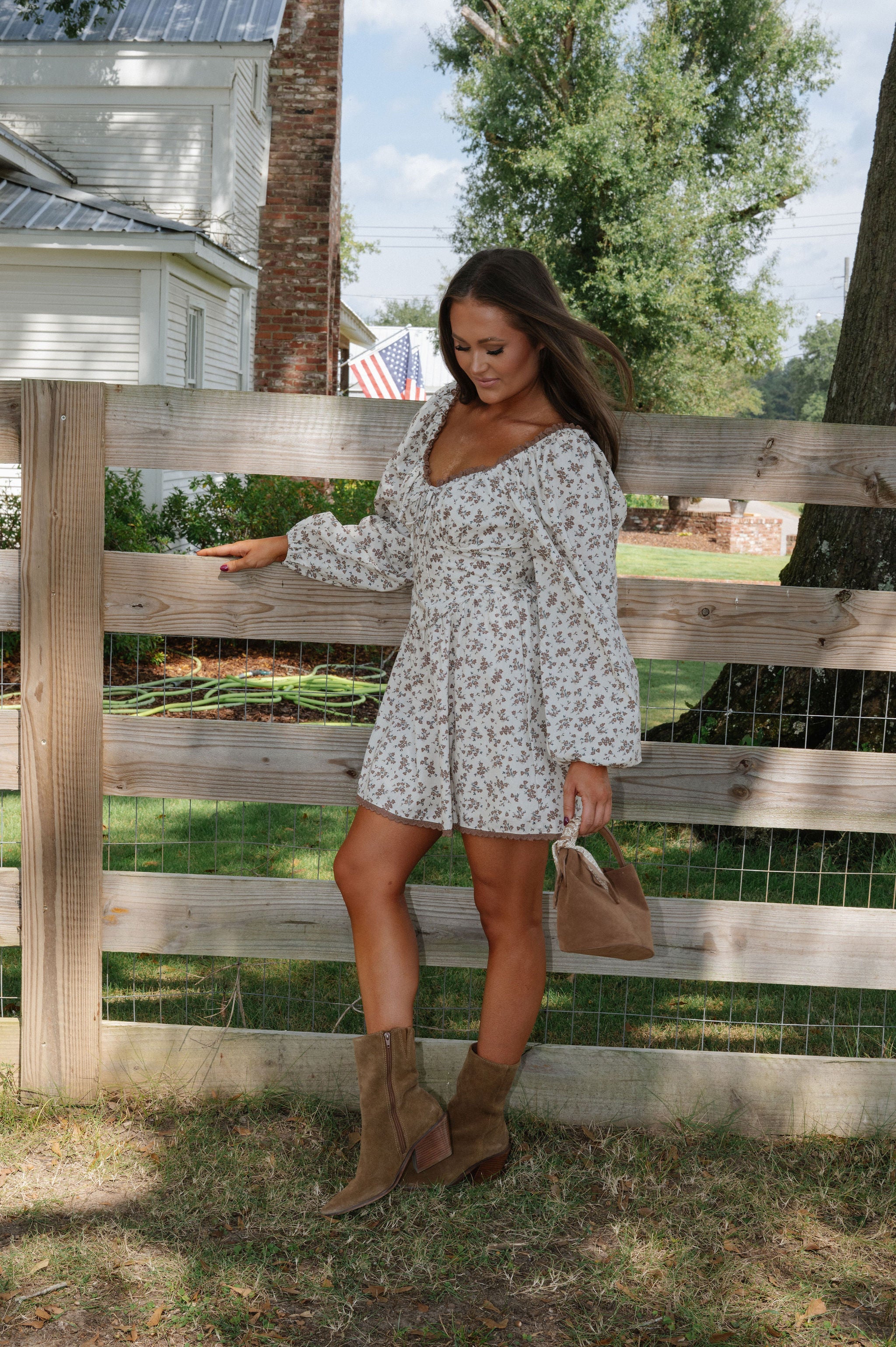 Tori Puff Sleeve Floral Mini Dress-Cream/Brown