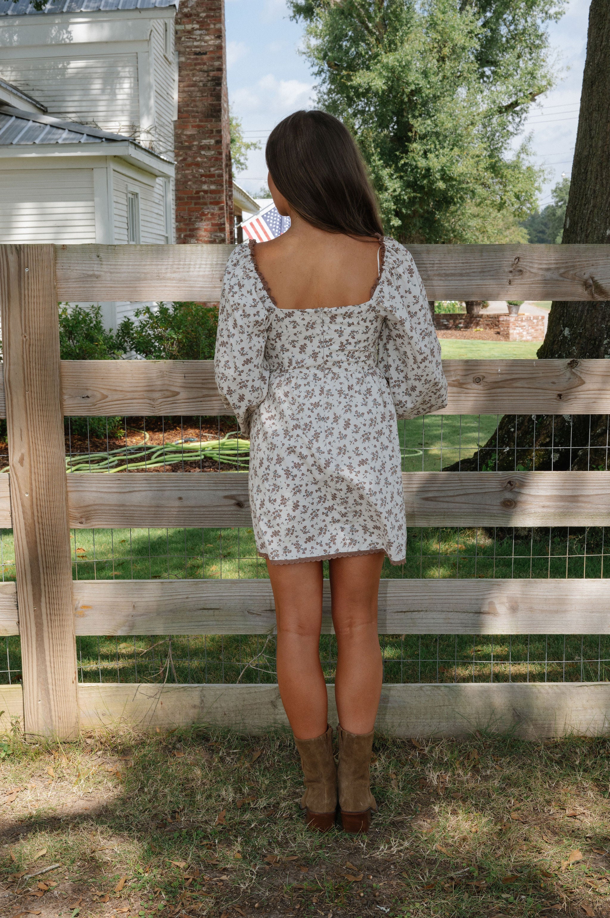Tori Puff Sleeve Floral Mini Dress-Cream/Brown