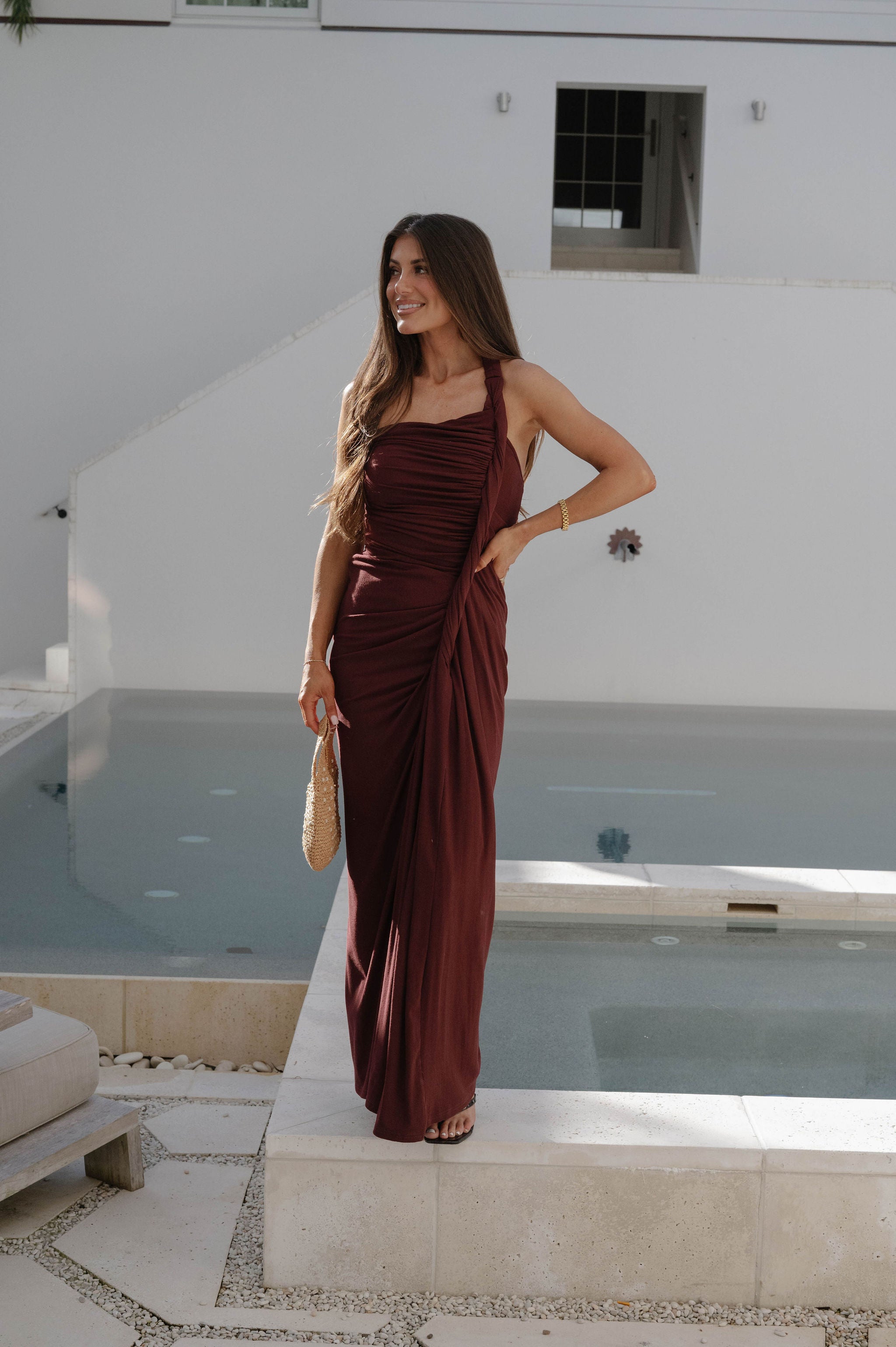 Twisted Drape Maxi Dress-Burgundy