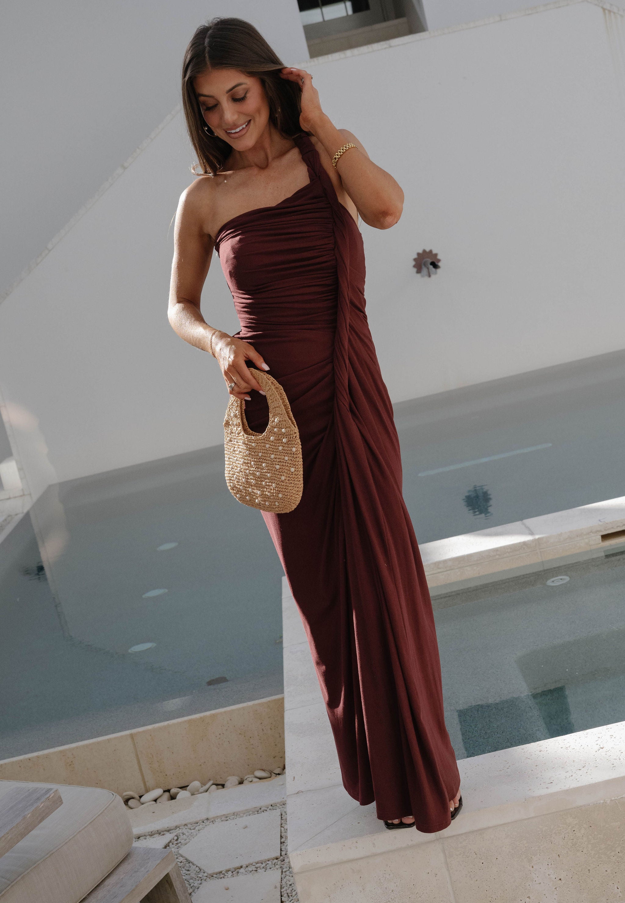 Twisted Drape Maxi Dress-Burgundy