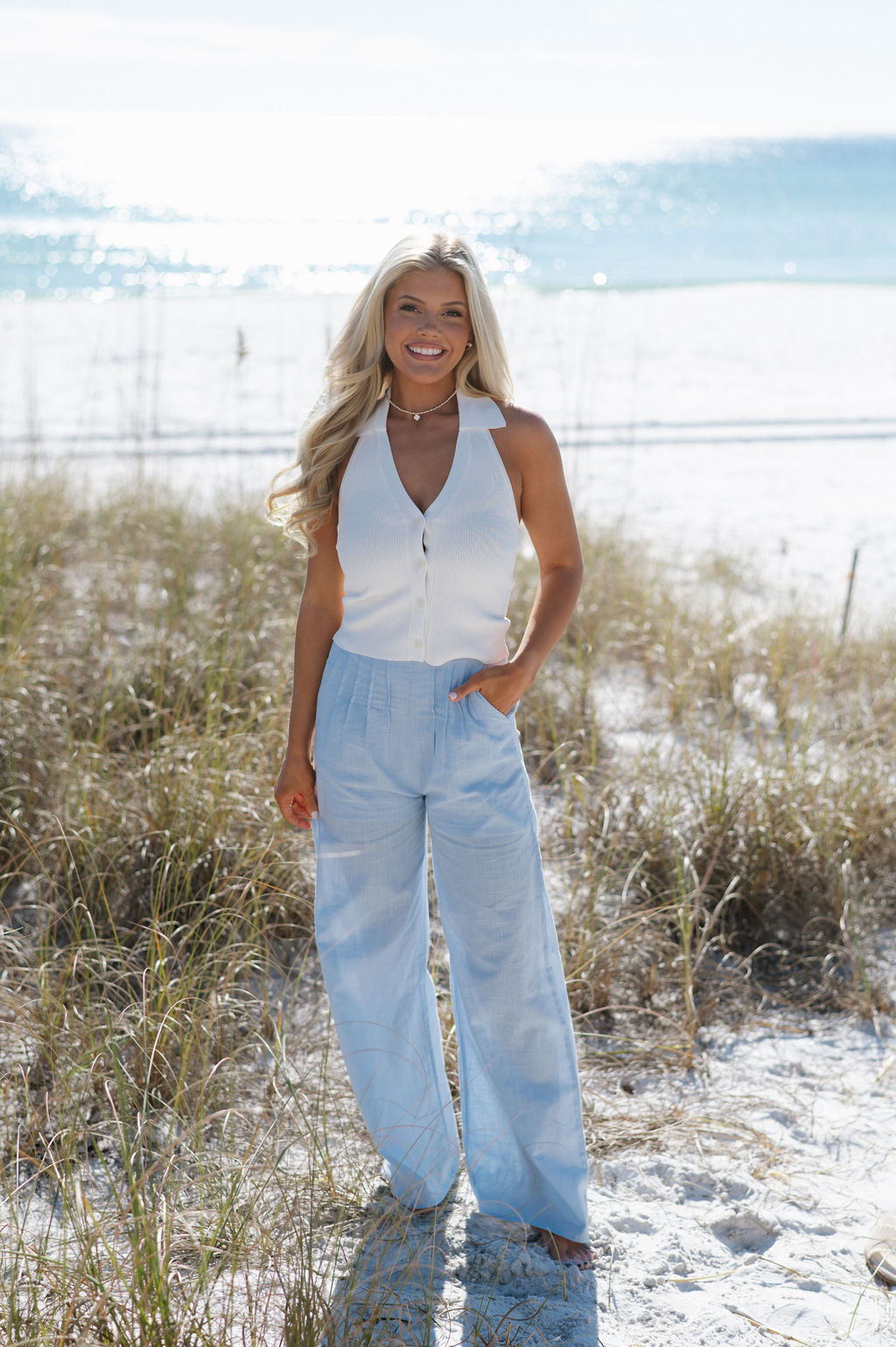 Linen Wide Leg Pants-Baby Blue