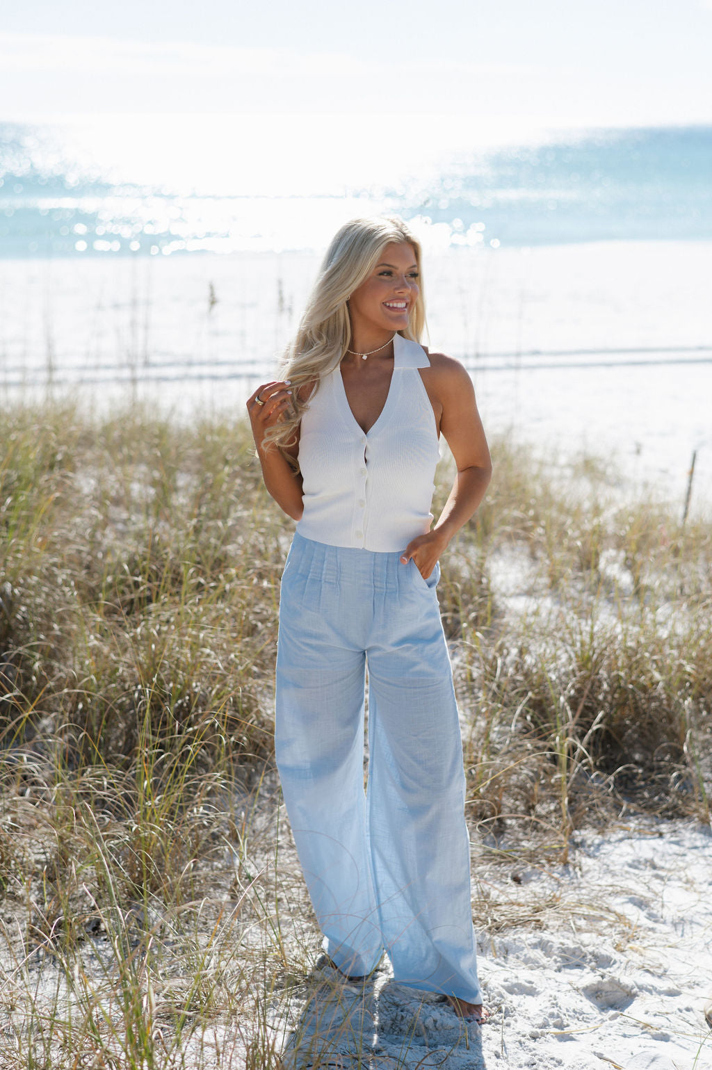 Linen Wide Leg Pants-Baby Blue