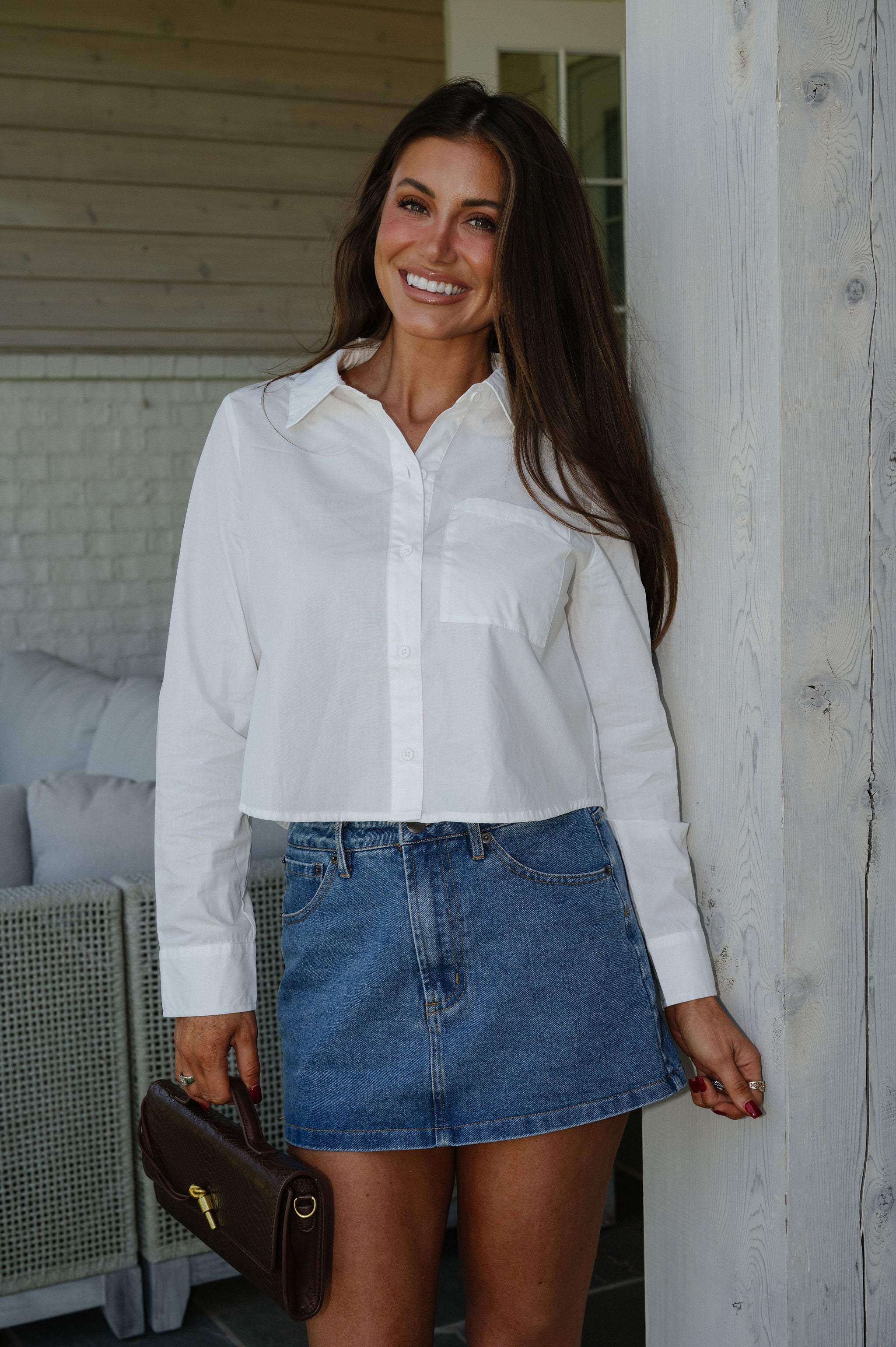 Cropped Poplin Button Down Top-White