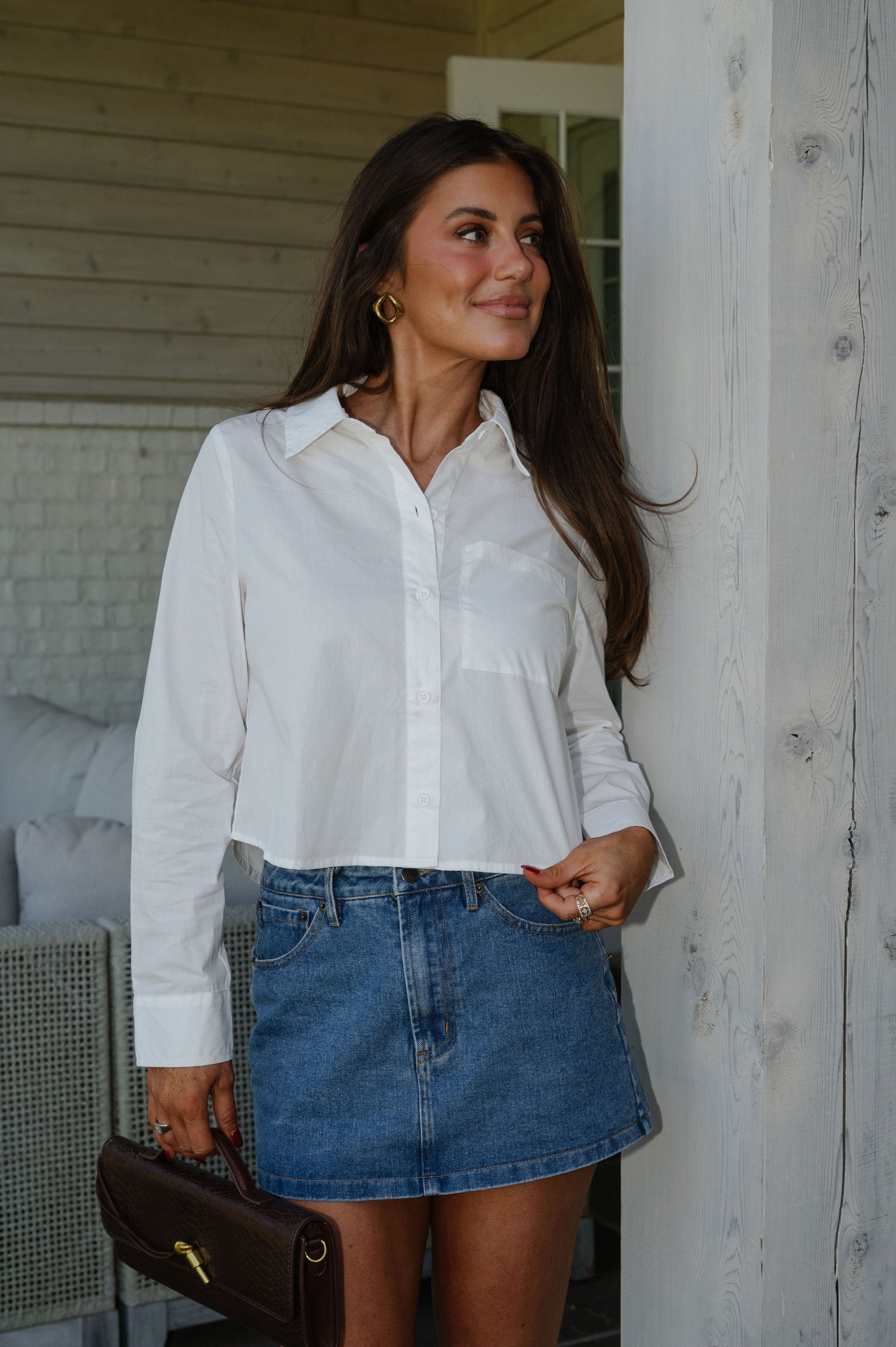 Cropped Poplin Button Down Top-White