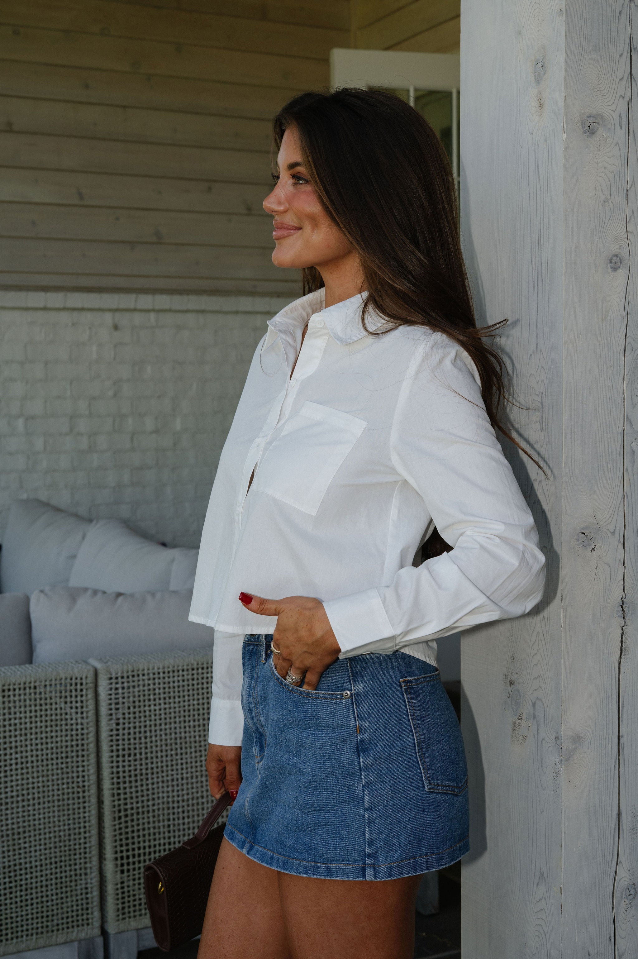 Cropped Poplin Button Down Top-White