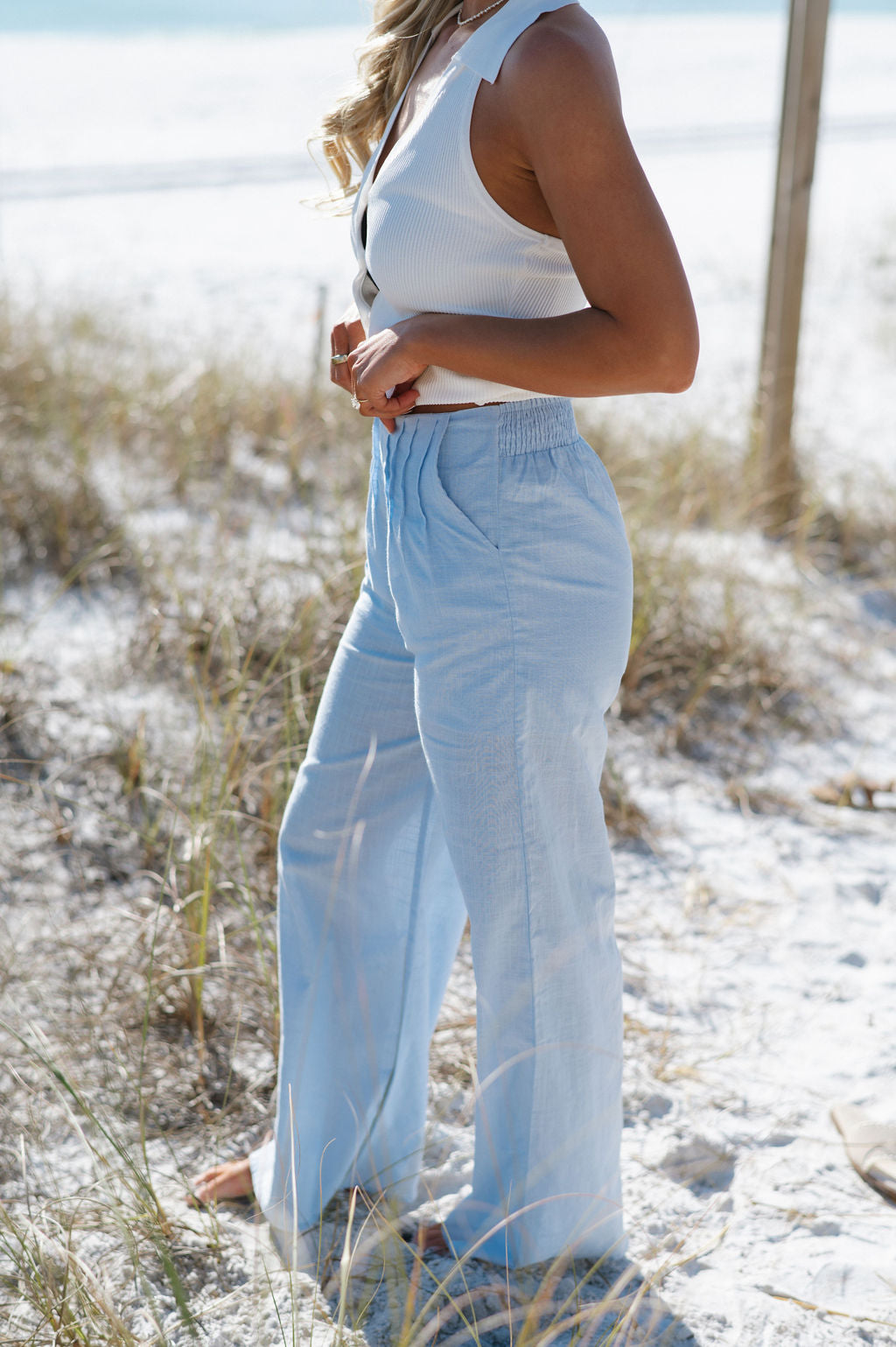 Linen Wide Leg Pants-Baby Blue