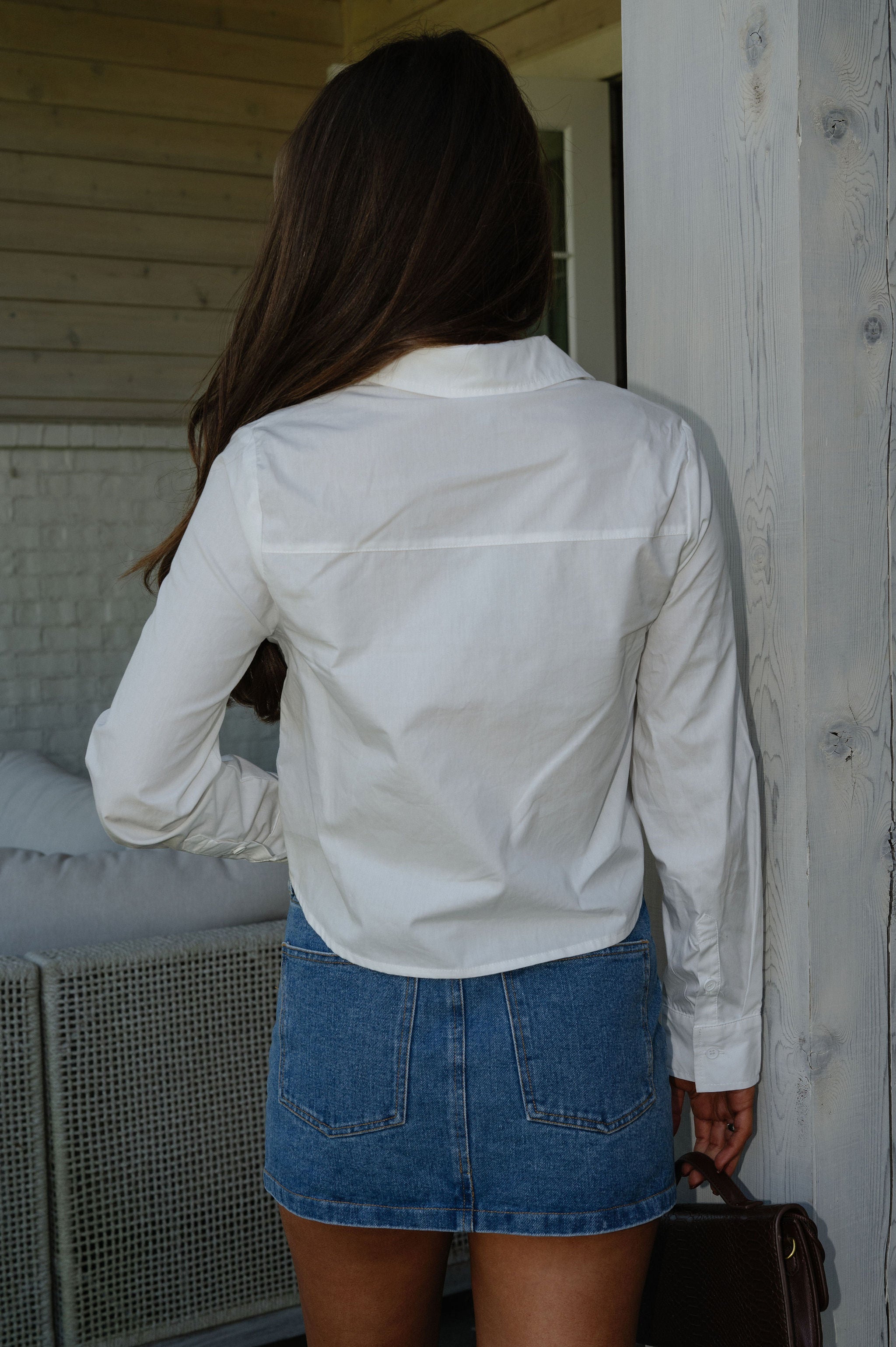 Cropped Poplin Button Down Top-White