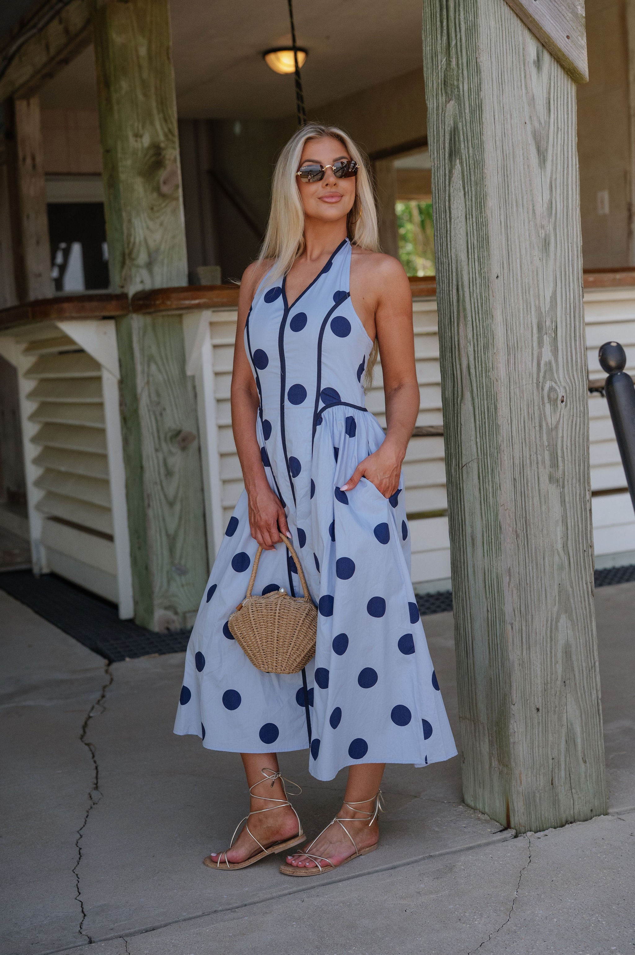 Bentley Polka Dot Midi Dress-Blue