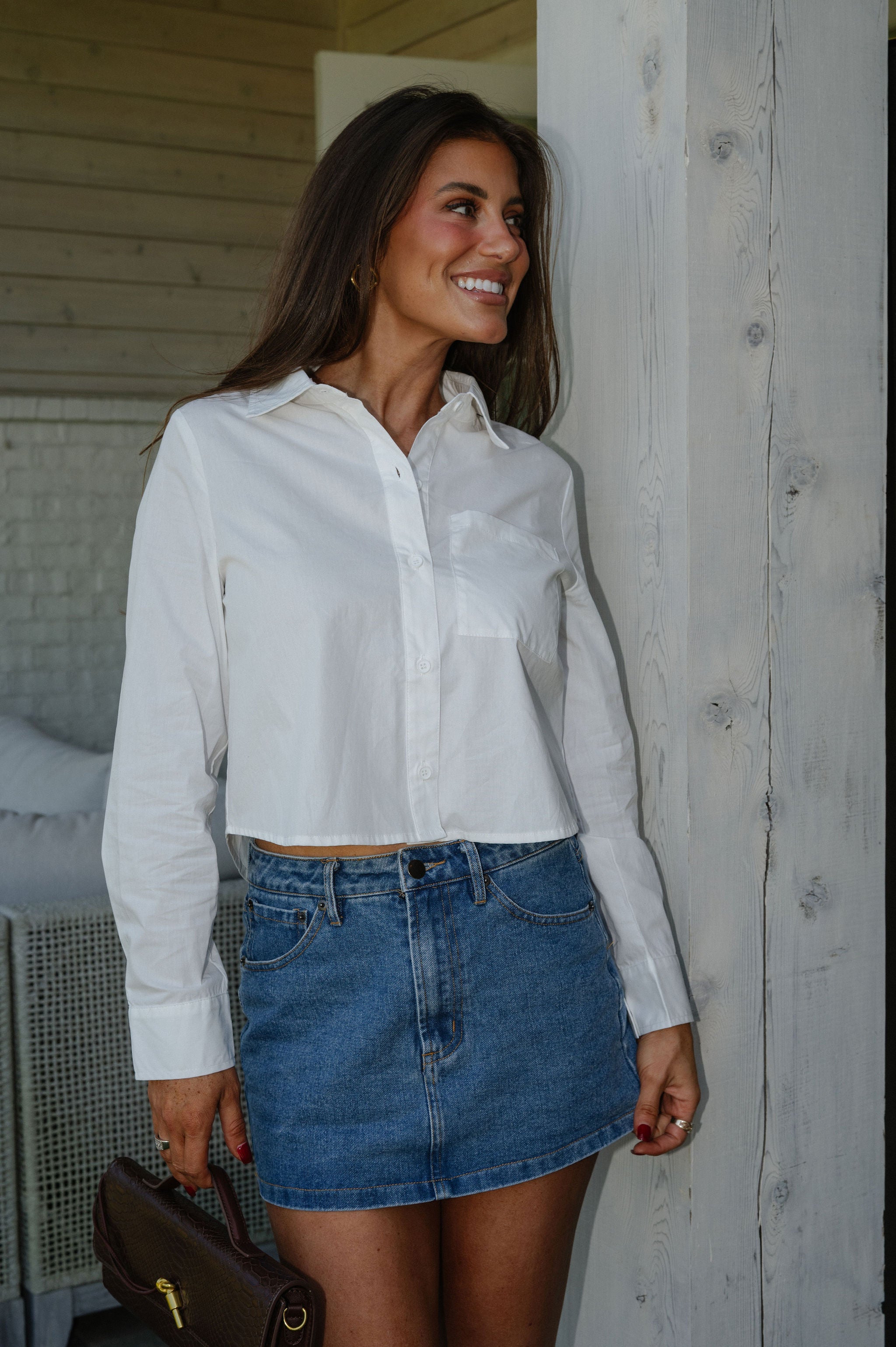 Cropped Poplin Button Down Top-White