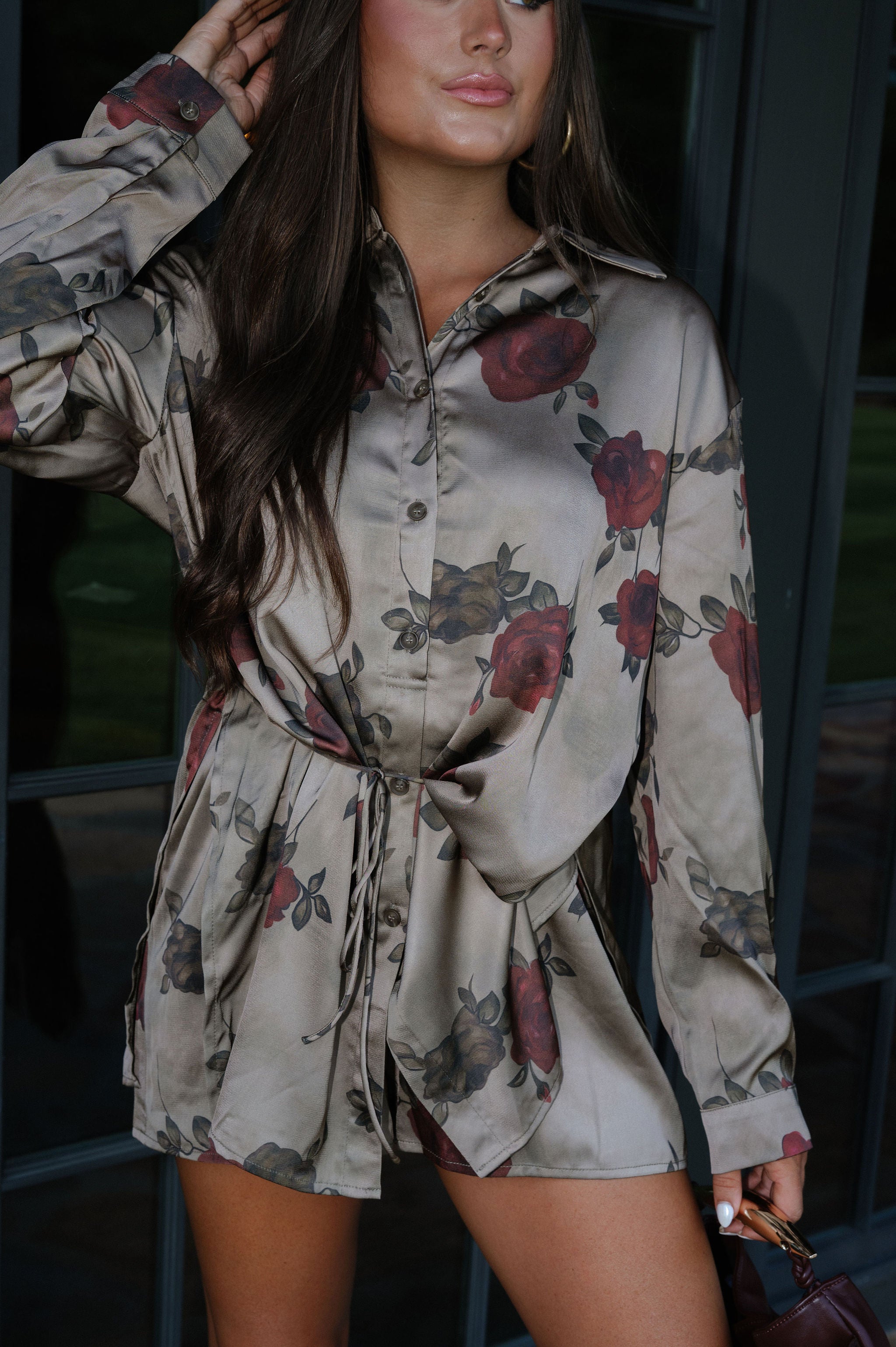 Belted Button-Up Shirt Romper-Olive