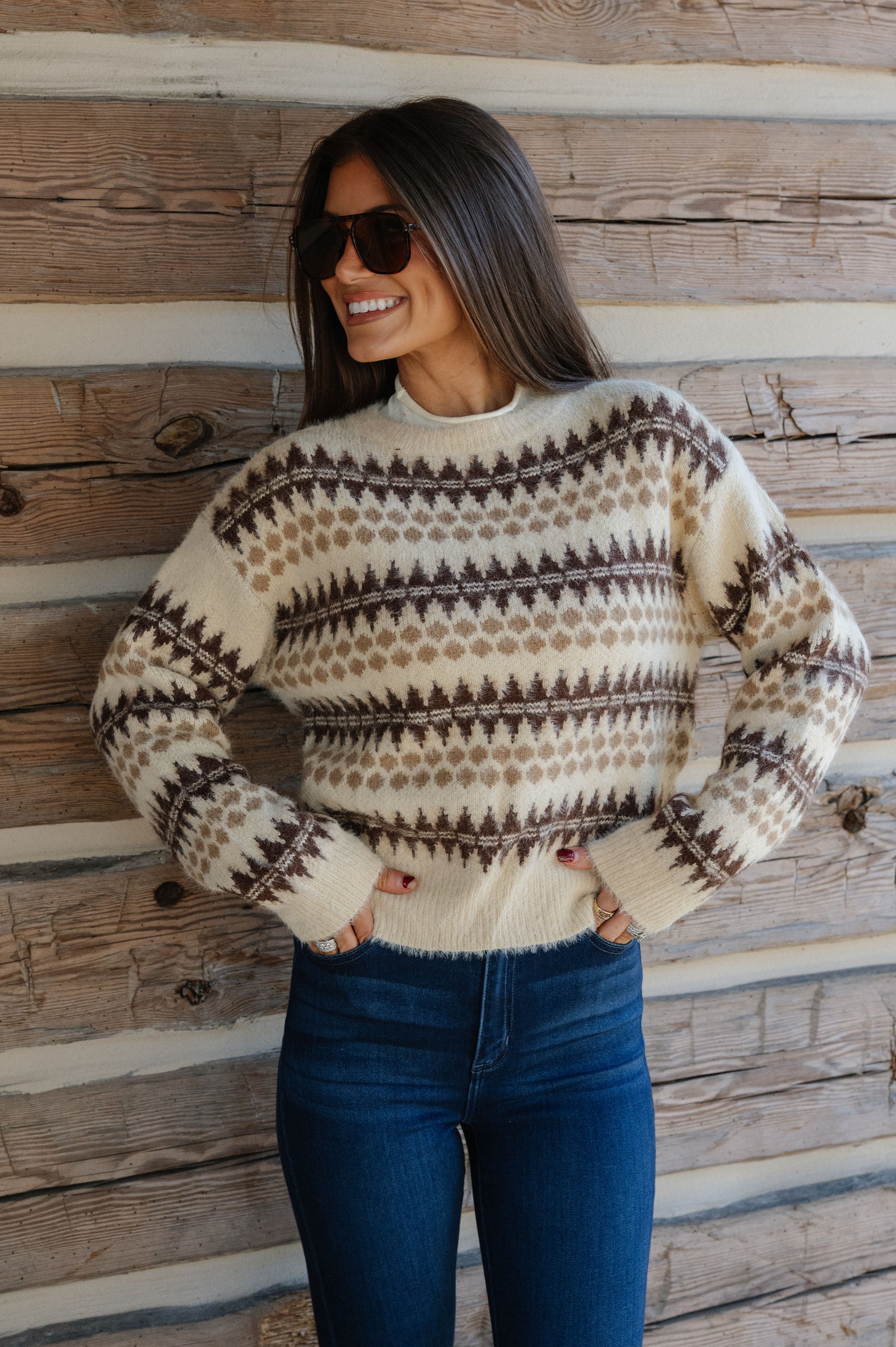 Emi Fair Isle Sweater-Ecru/Brown