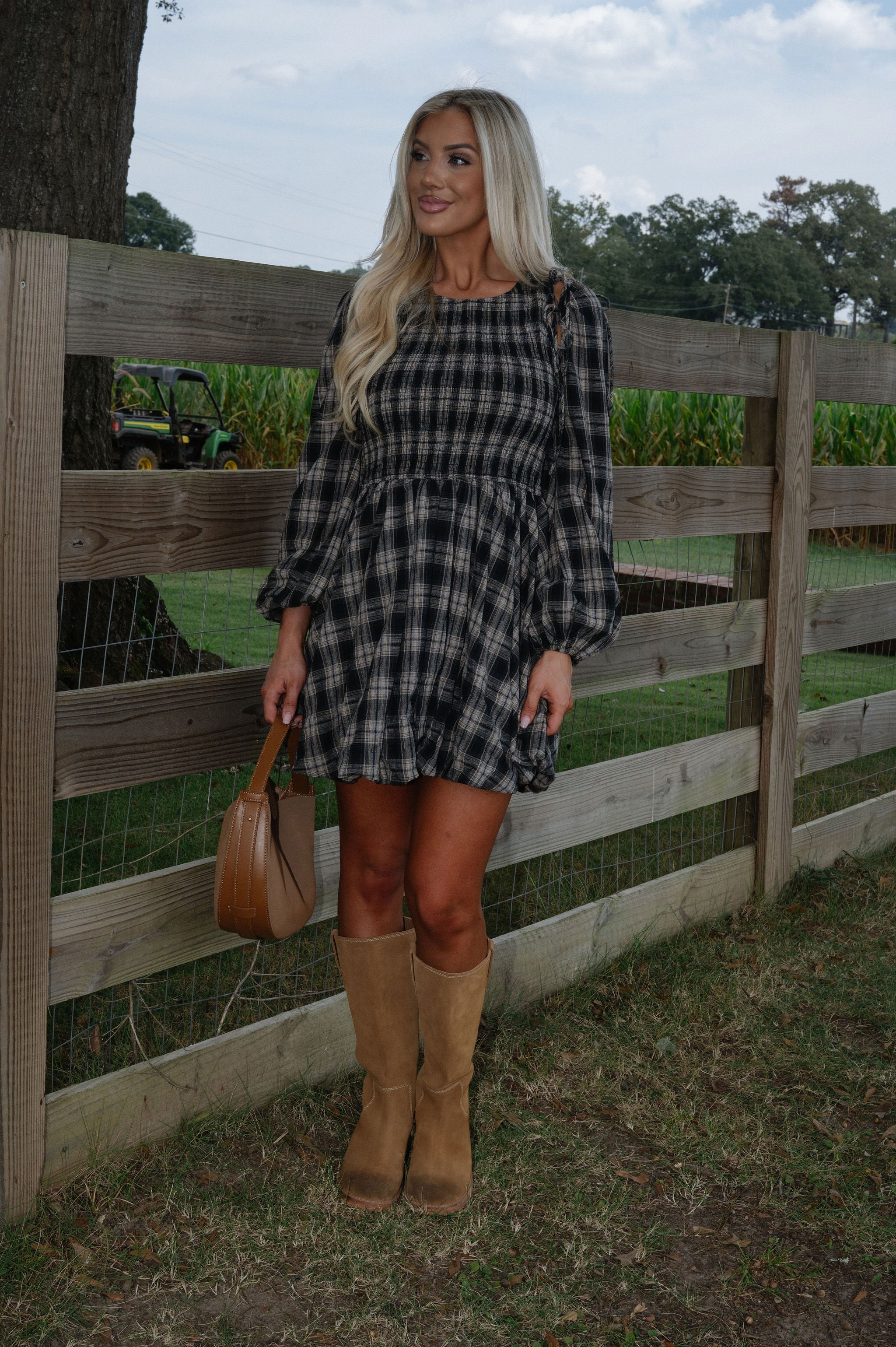 Plaid Flannel Smocked Bubble Mini Dress-Black