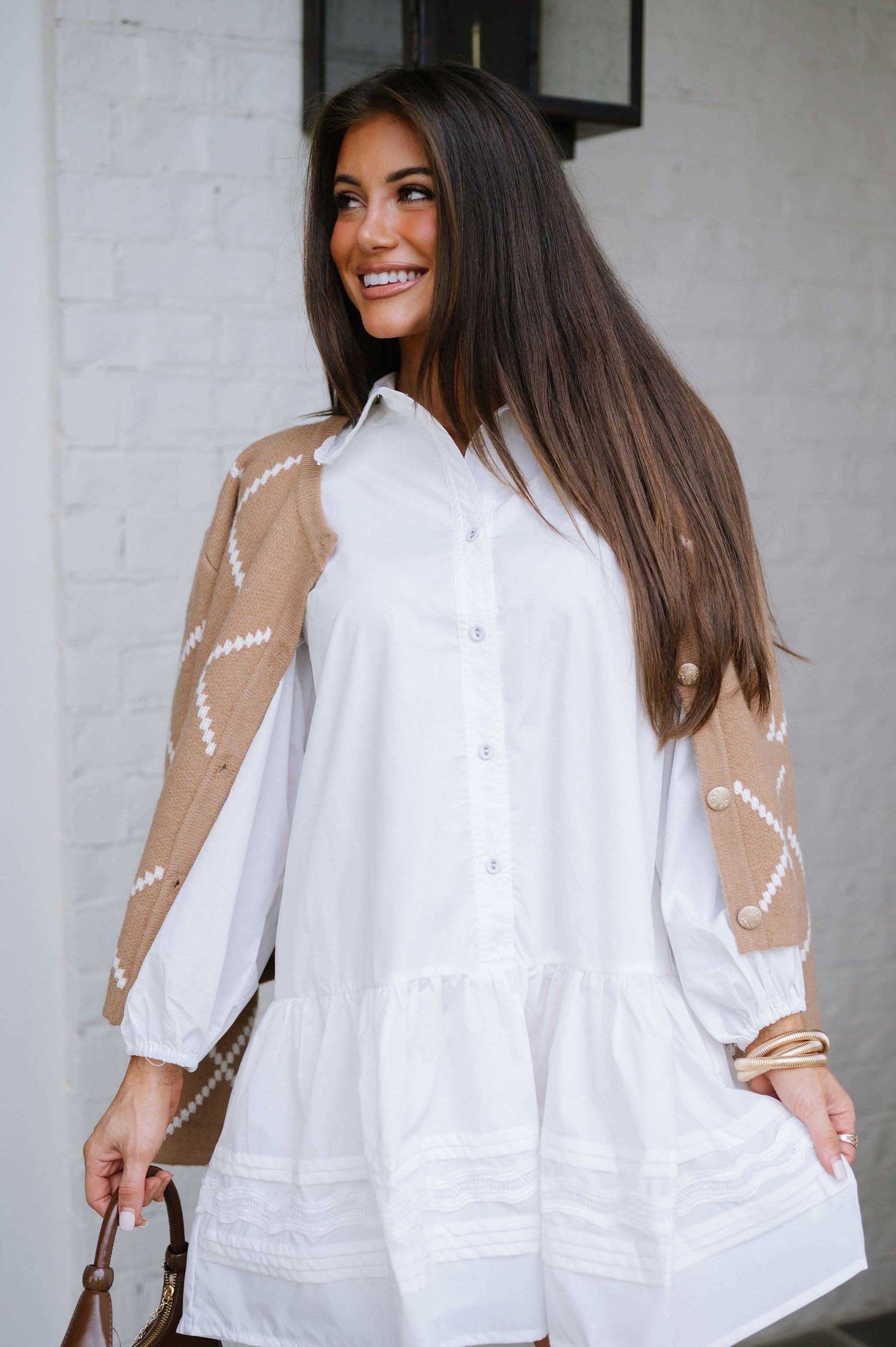 Wavy Trim Poplin Shirt Dress-White