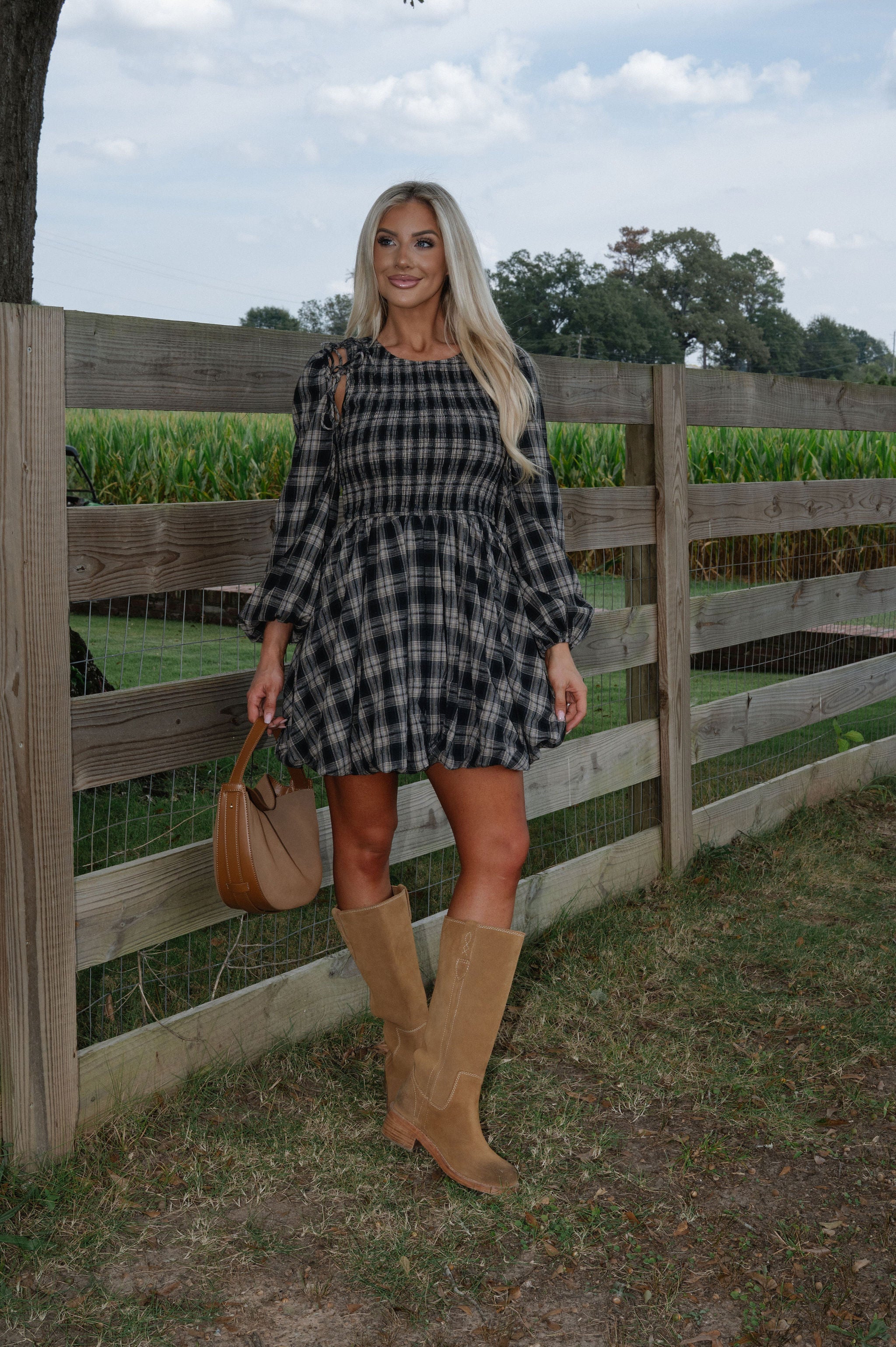 Plaid Flannel Smocked Bubble Mini Dress-Black