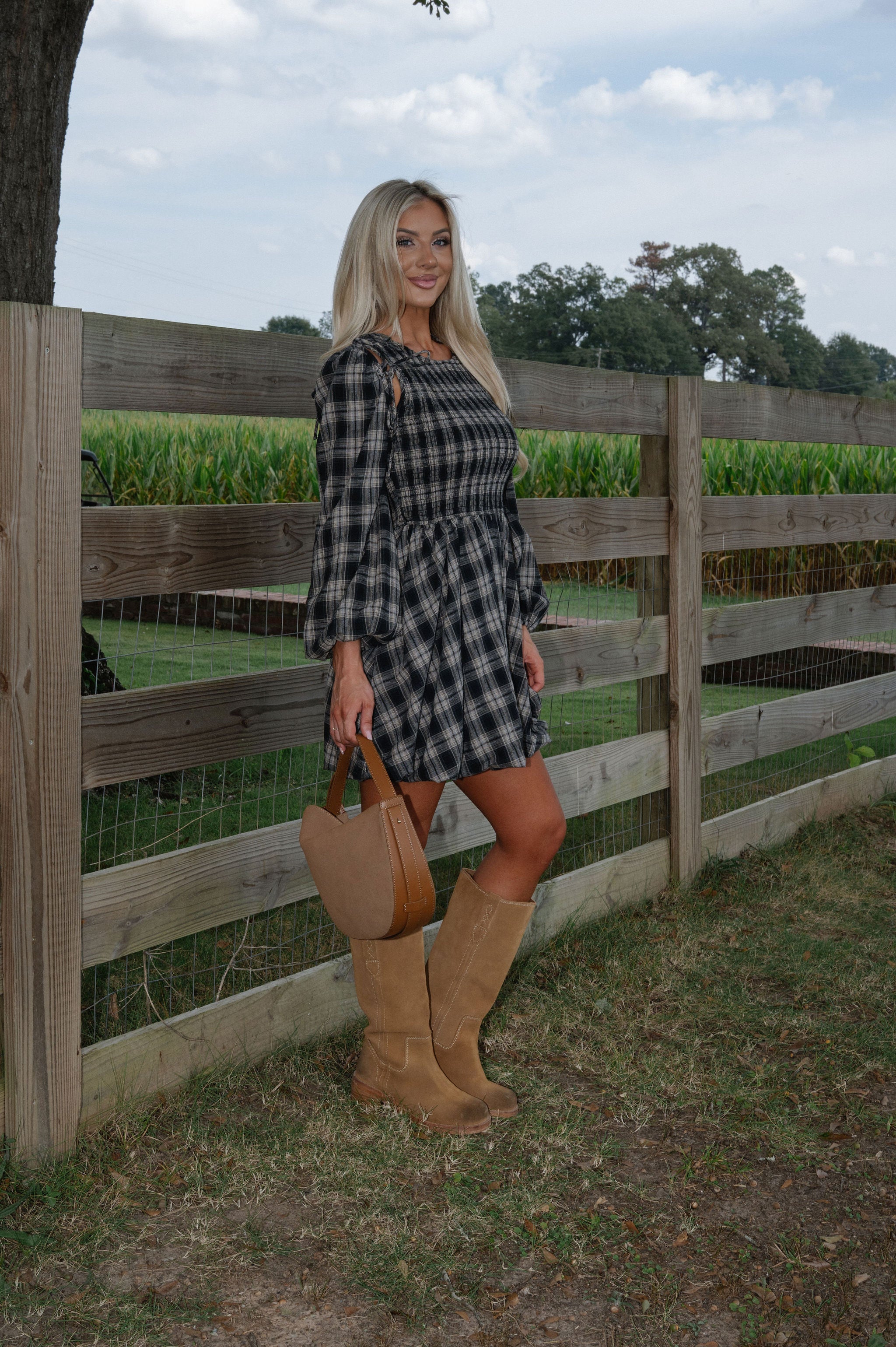 Plaid Flannel Smocked Bubble Mini Dress-Black
