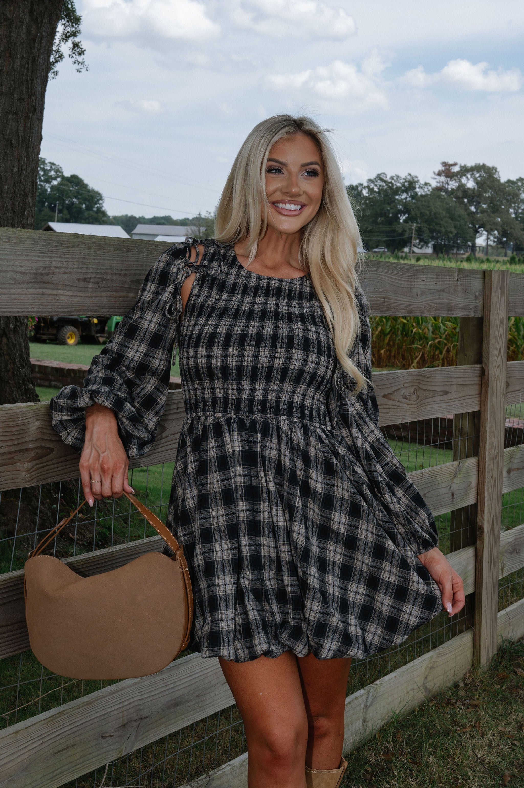 Plaid Flannel Smocked Bubble Mini Dress-Black