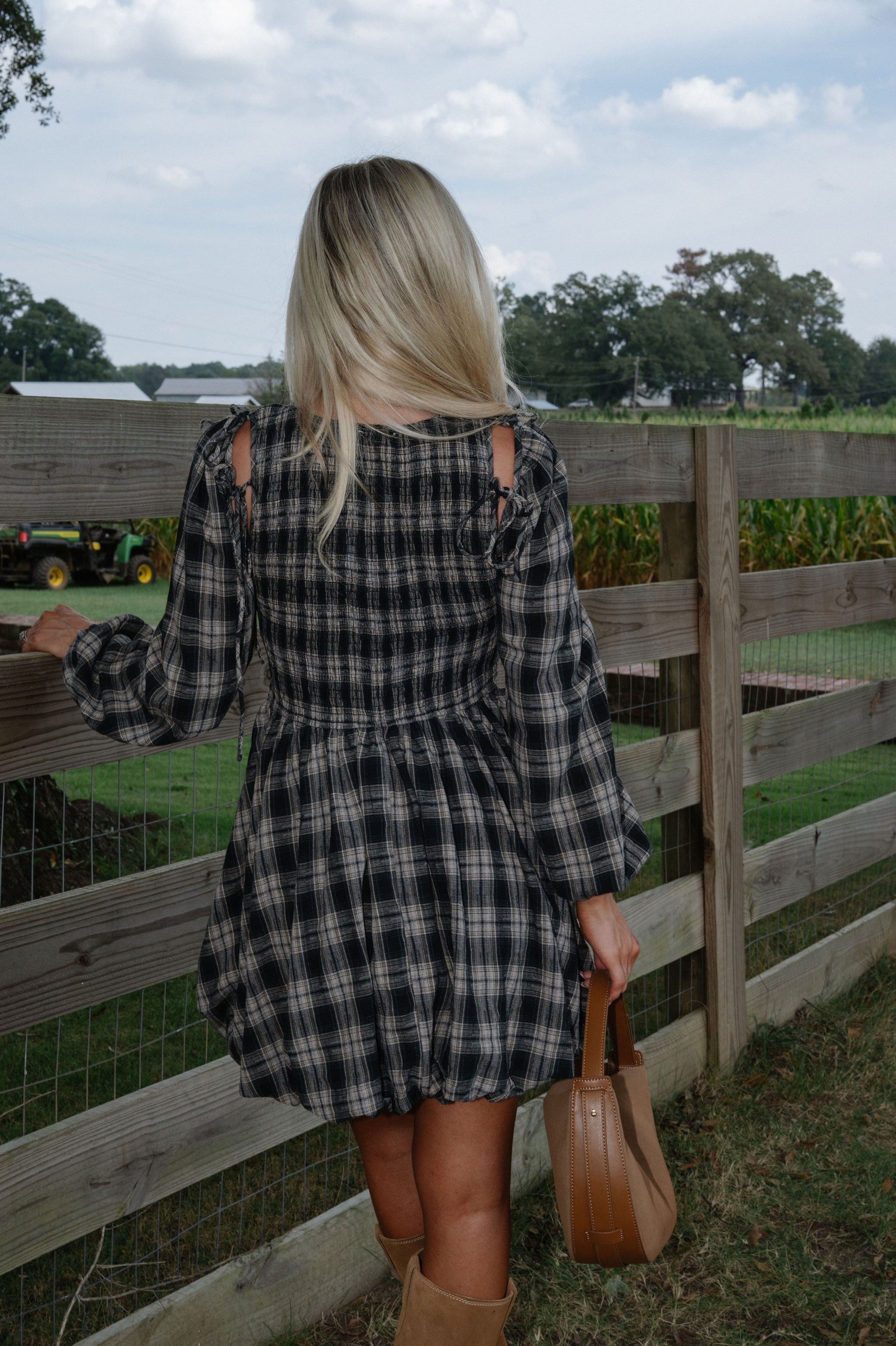 Plaid Flannel Smocked Bubble Mini Dress-Black