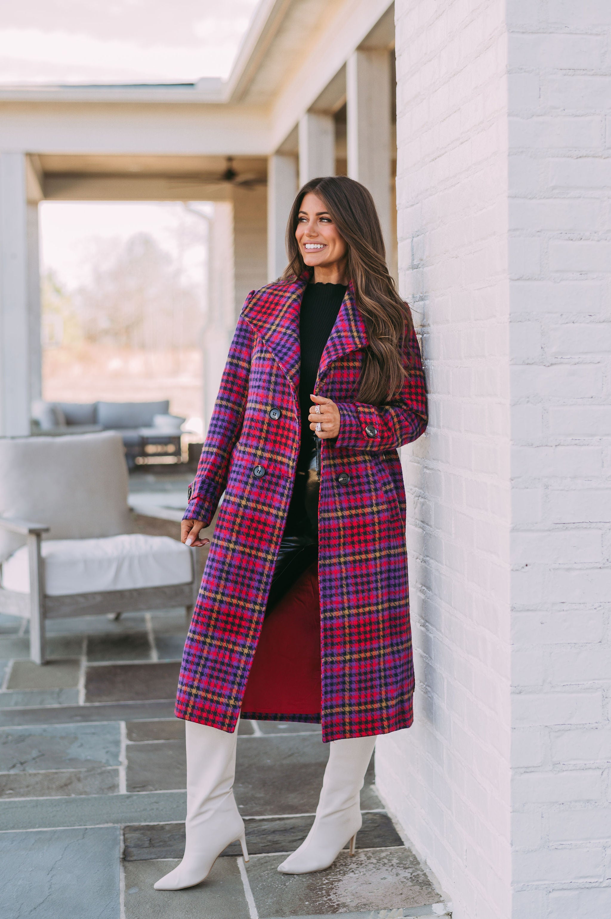 Plaid wool shop trench coat