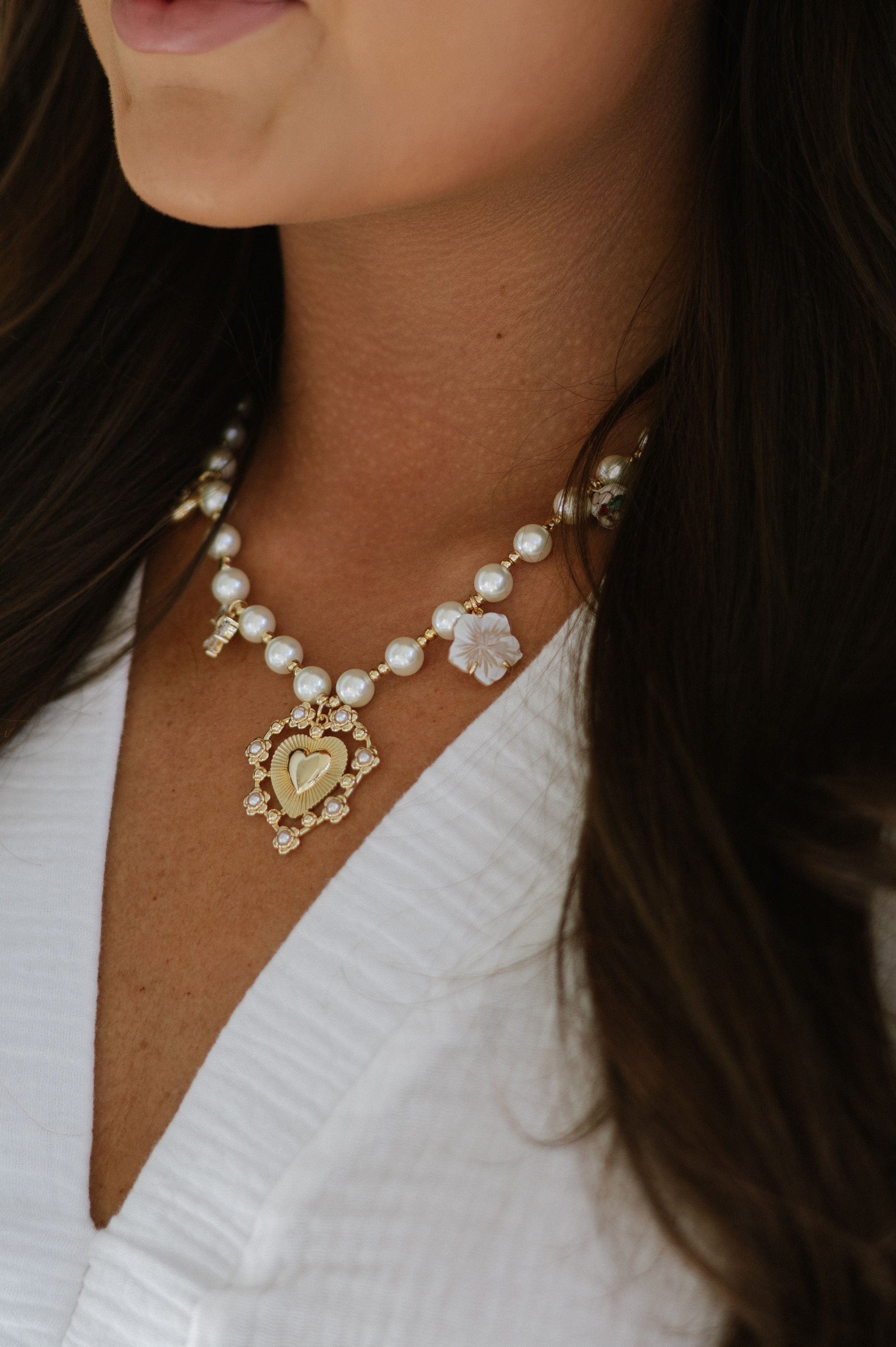 Bead Heart Charm Necklace - Cream/Gold