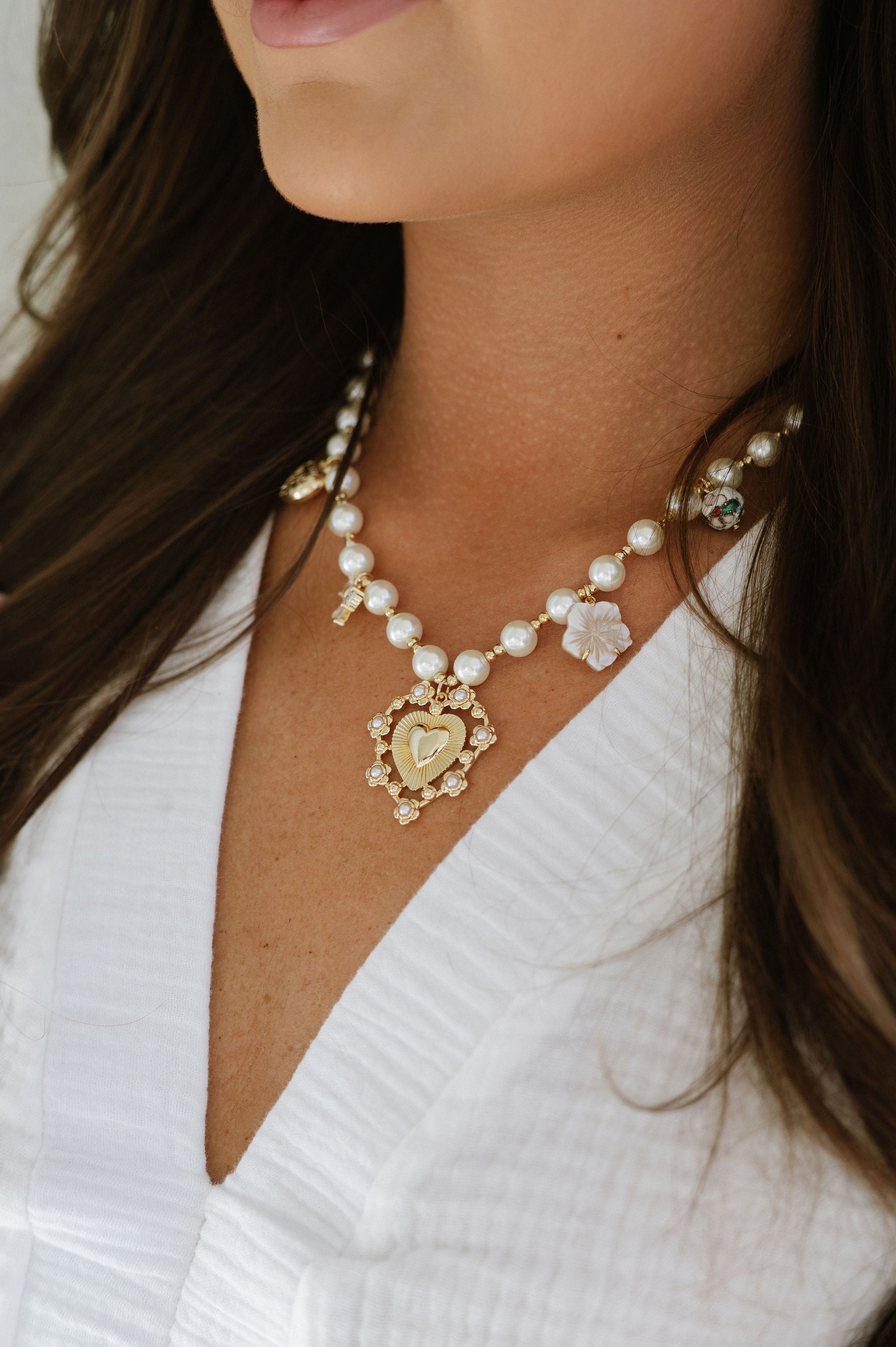 Bead Heart Charm Necklace - Cream/Gold