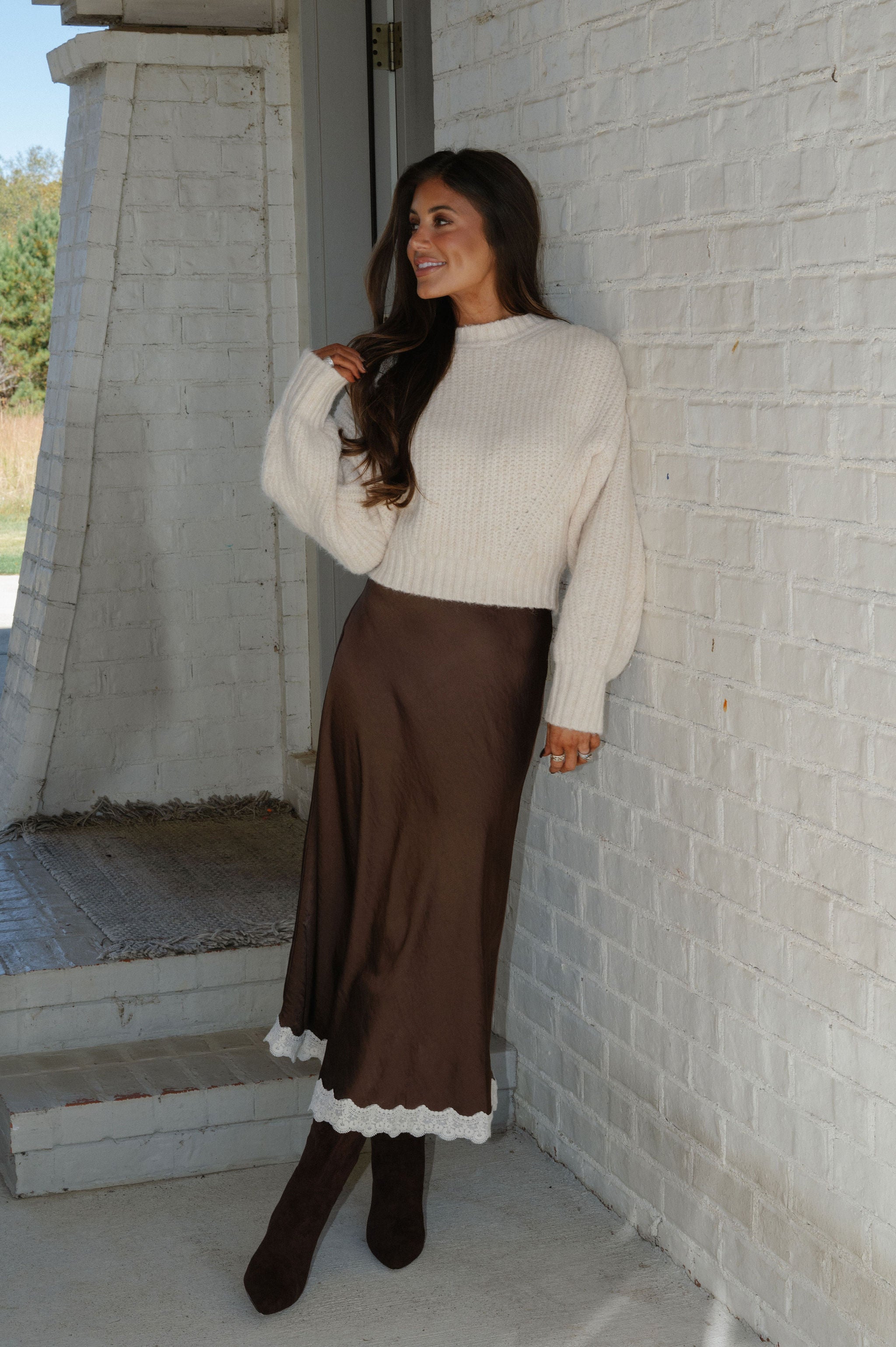 Lace Trimmed Midi Skirt-Dark Brown
