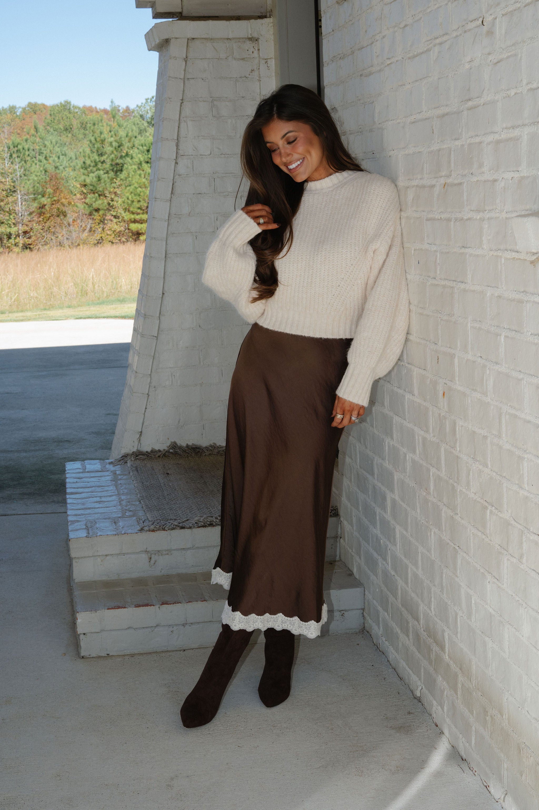 Lace Trimmed Midi Skirt-Dark Brown