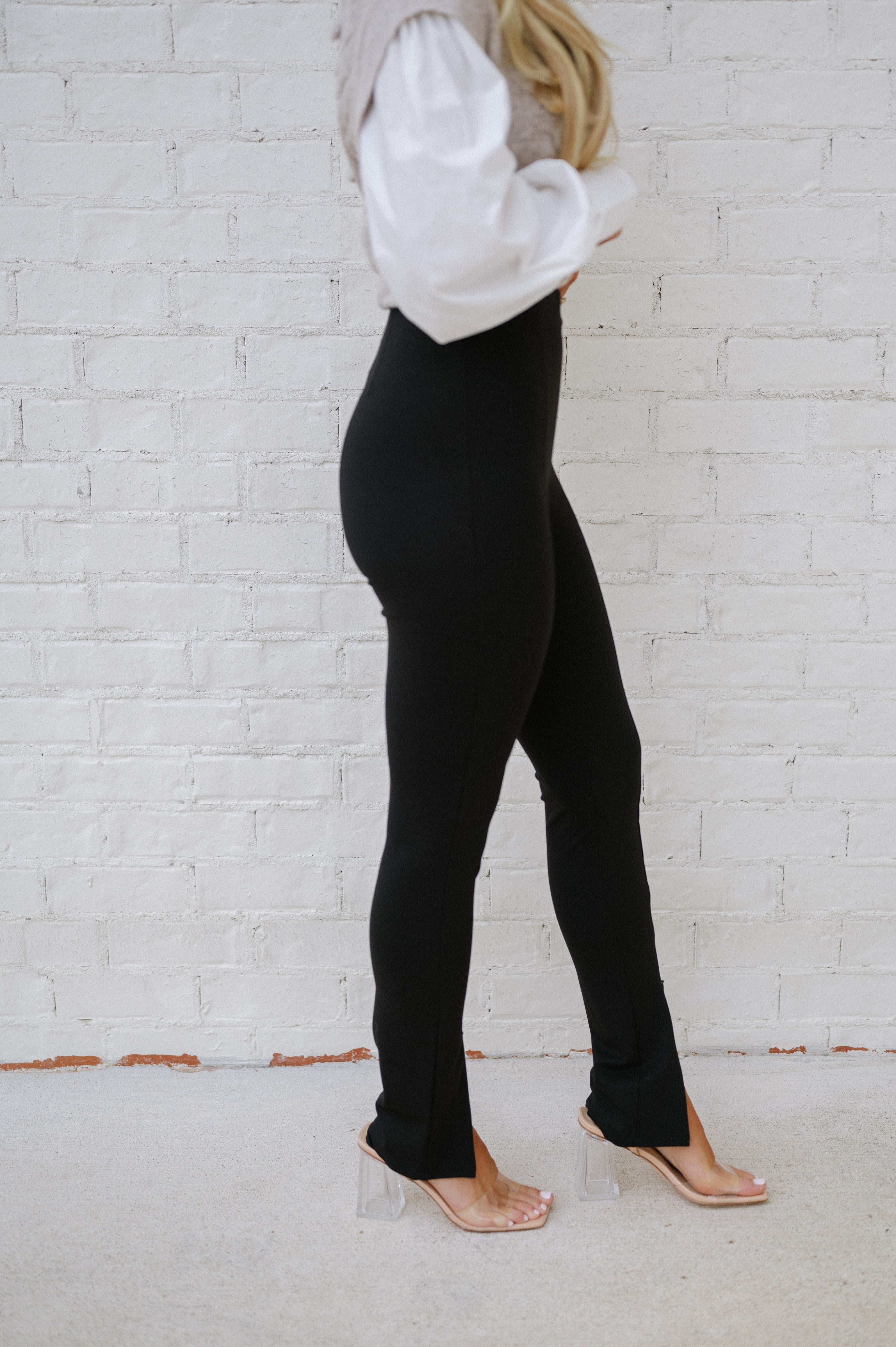 High Waisted Front Slit Trousers-Black