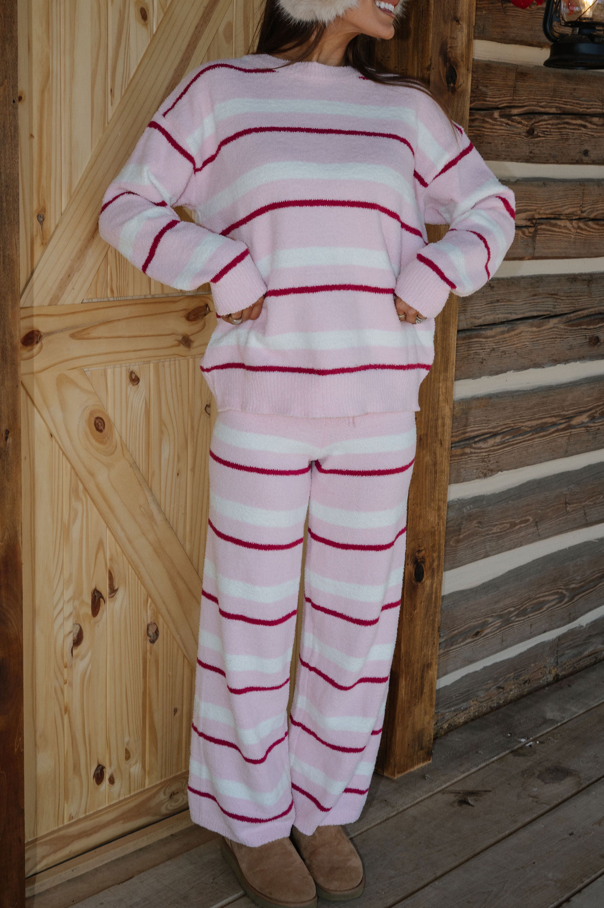 Lillian Striped Pants Set-Pink/Cream
