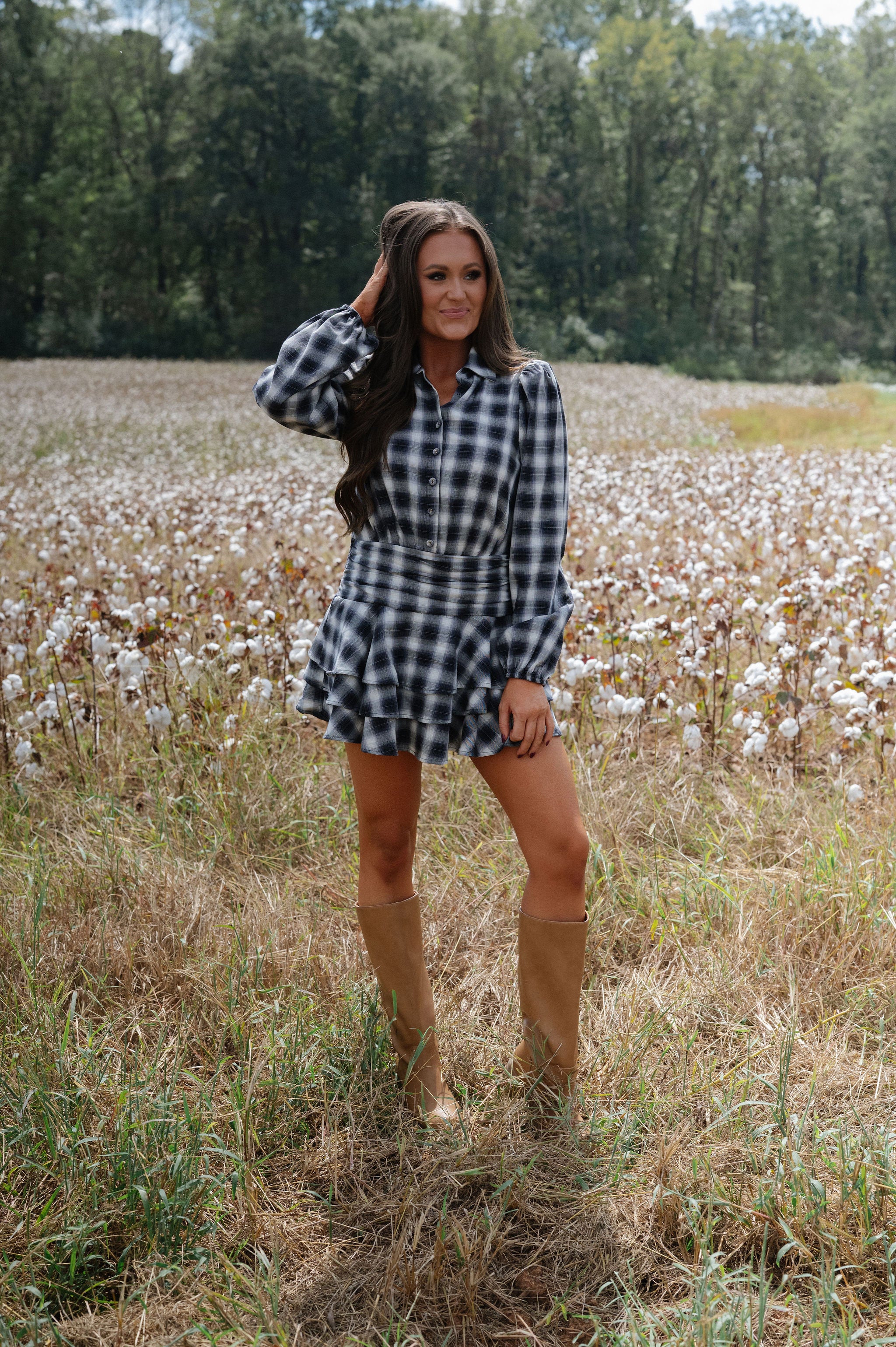 Wren Plaid Ruffle Mini Dress-Grey