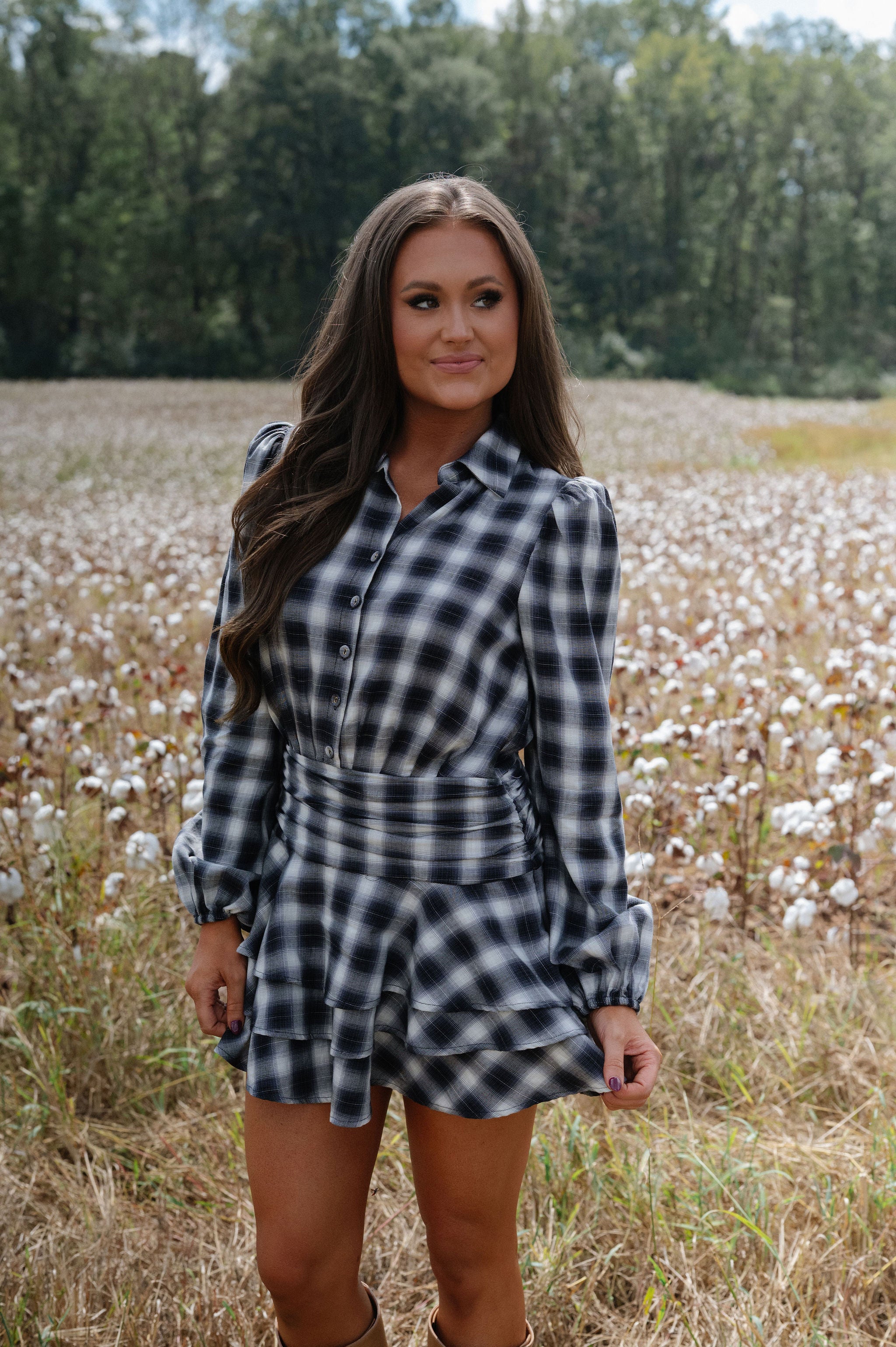 Wren Plaid Ruffle Mini Dress-Grey