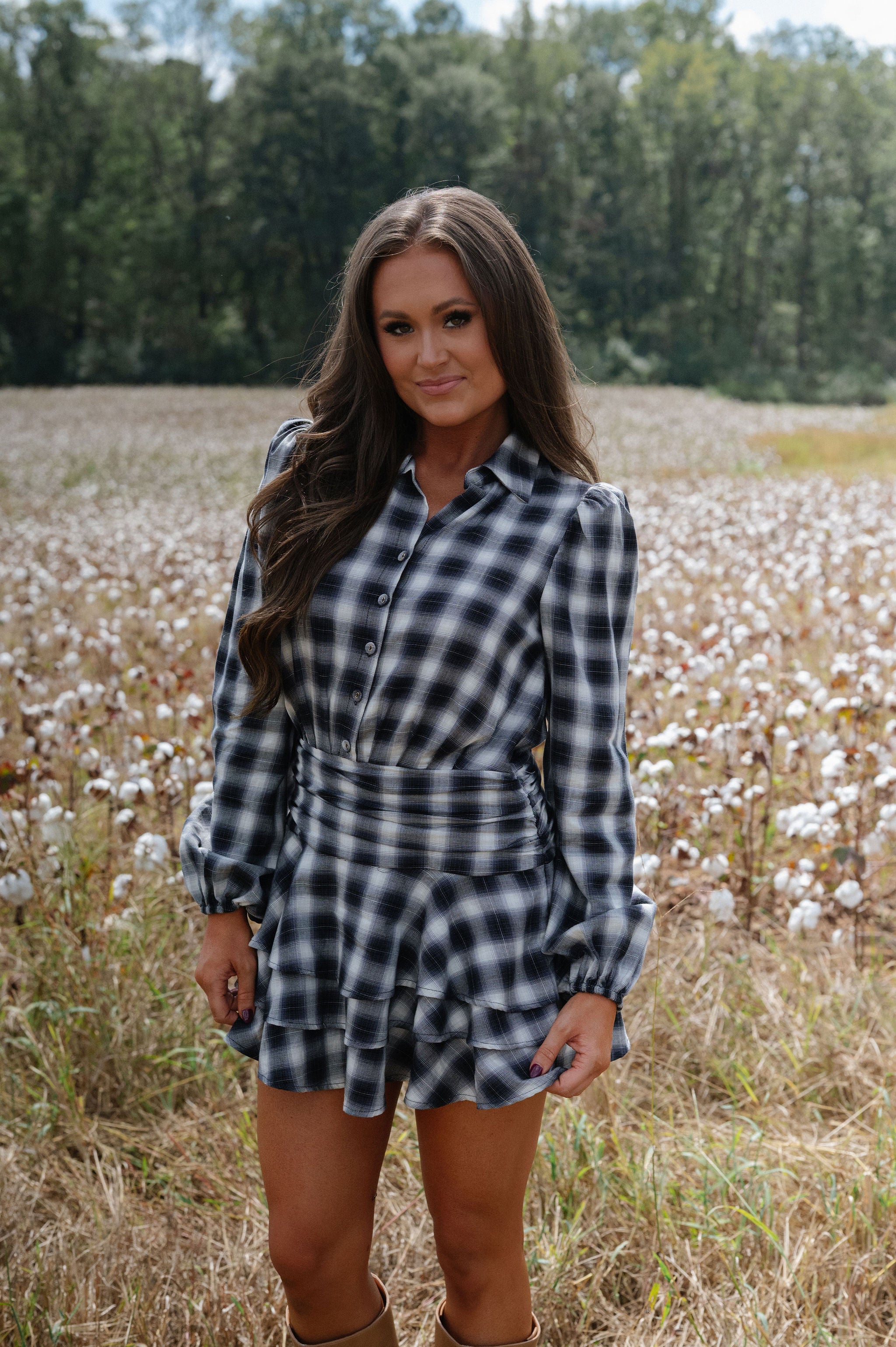 Wren Plaid Ruffle Mini Dress-Grey