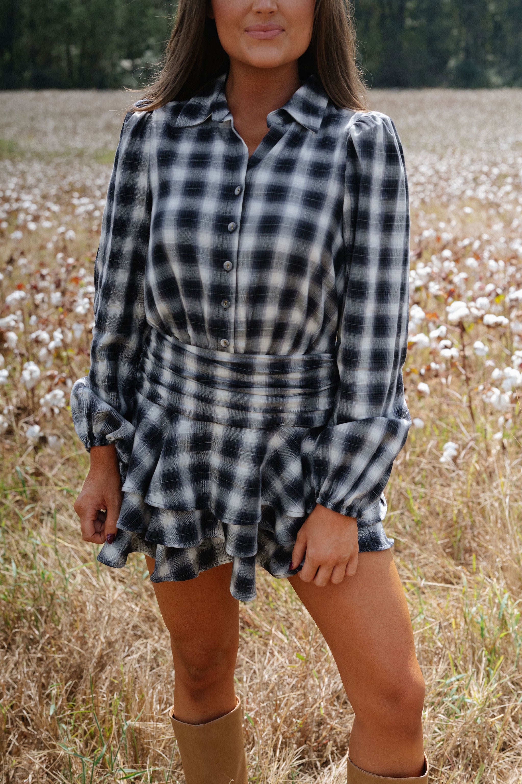 Wren Plaid Ruffle Mini Dress-Grey