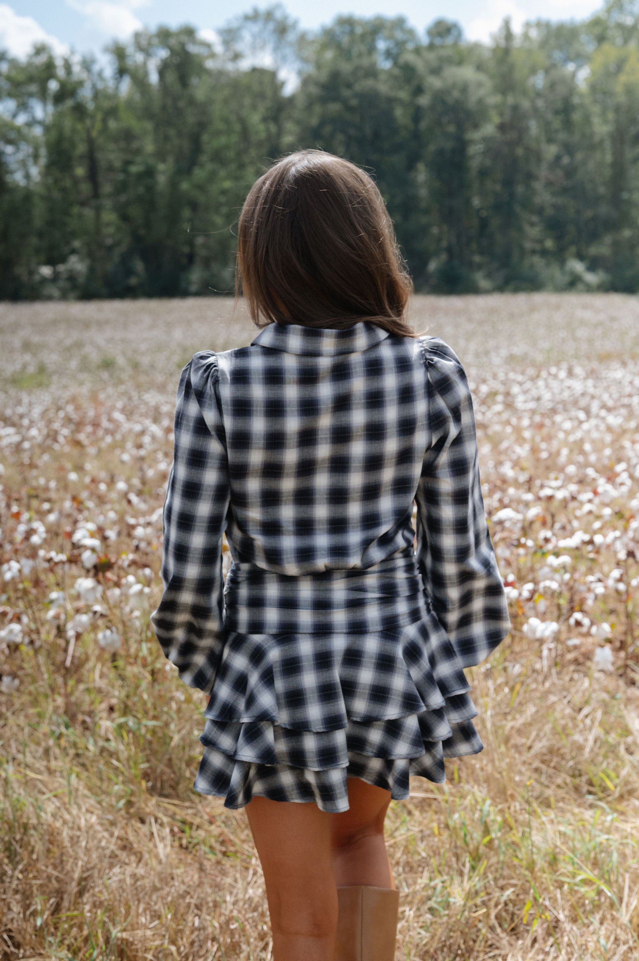 Wren Plaid Ruffle Mini Dress-Grey
