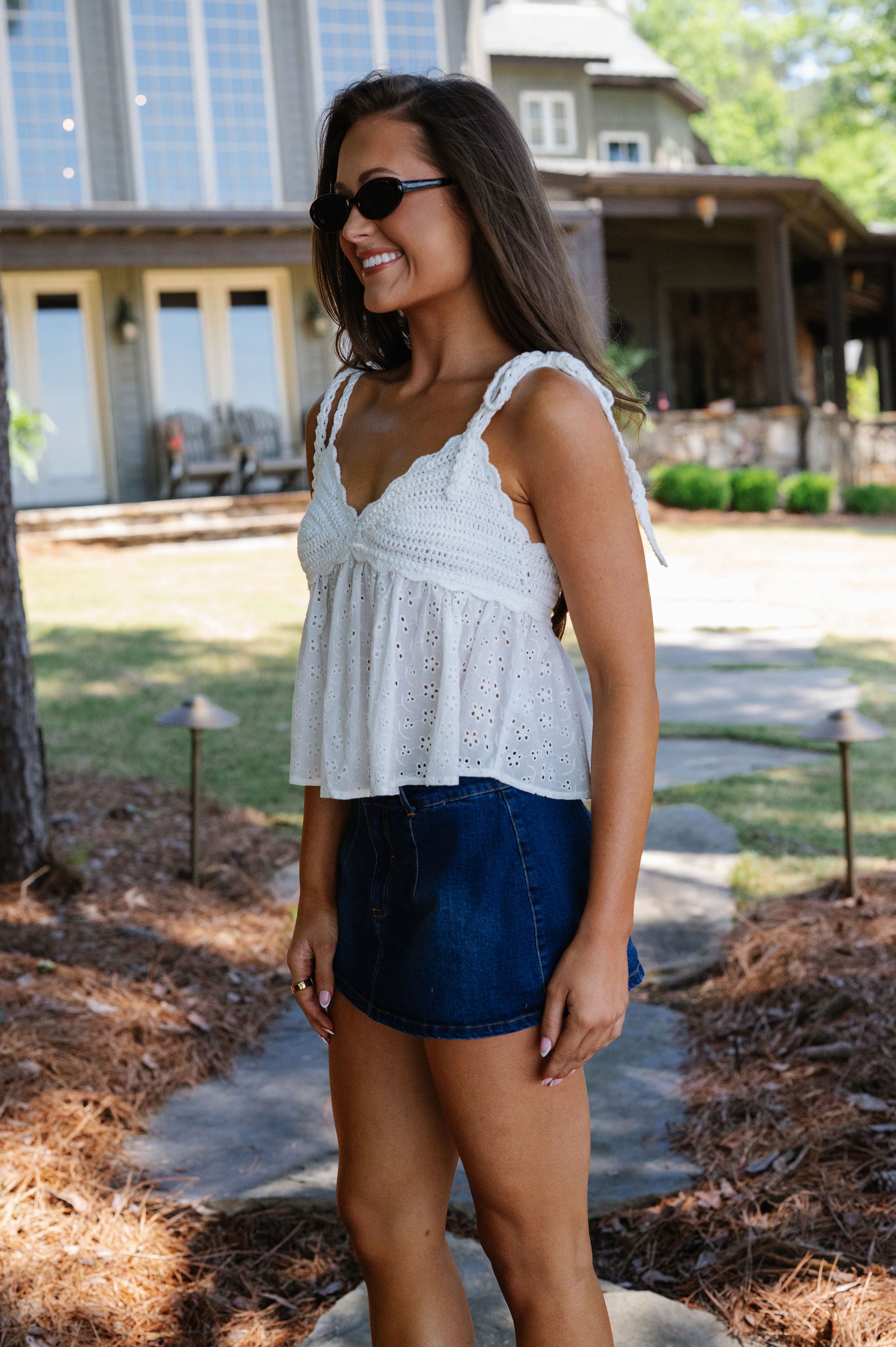 Sara Eyelet Crochet Ruffle Top-White