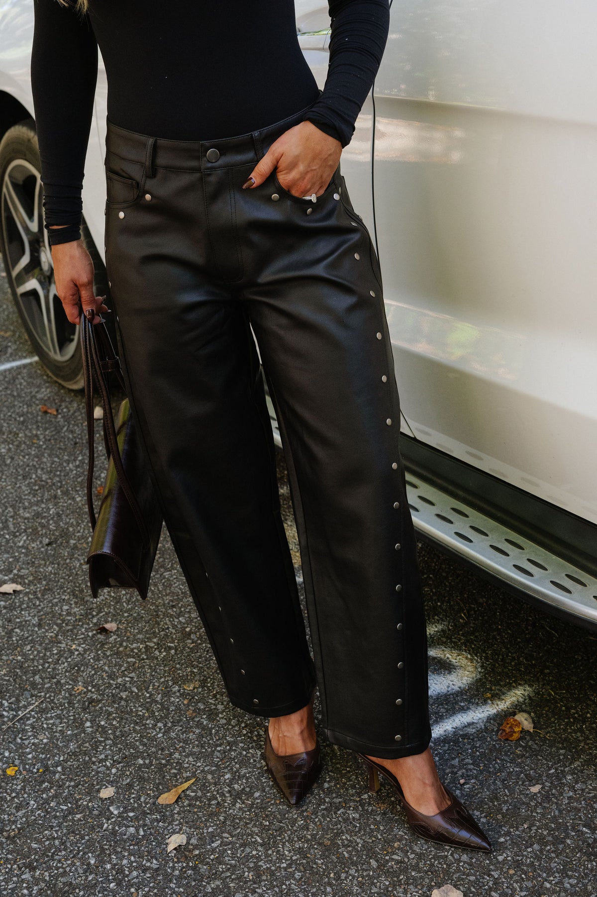 Studded Faux Leather Barrel Pants-Black