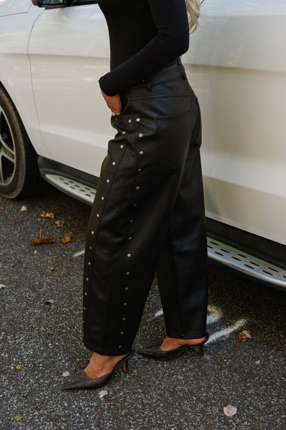 Studded Faux Leather Barrel Pants-Black