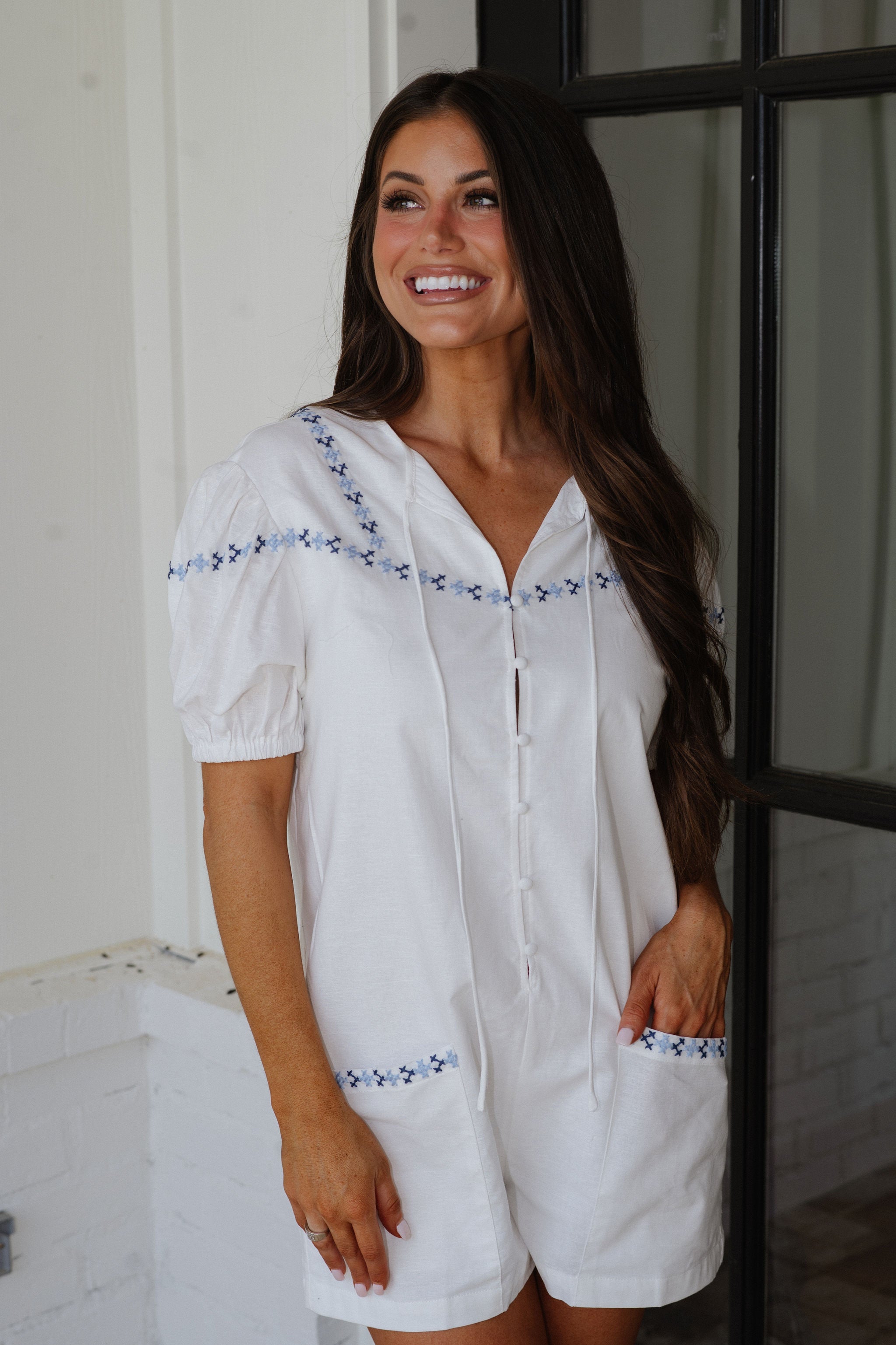Embroidered Short Sleeve Romper-Off White