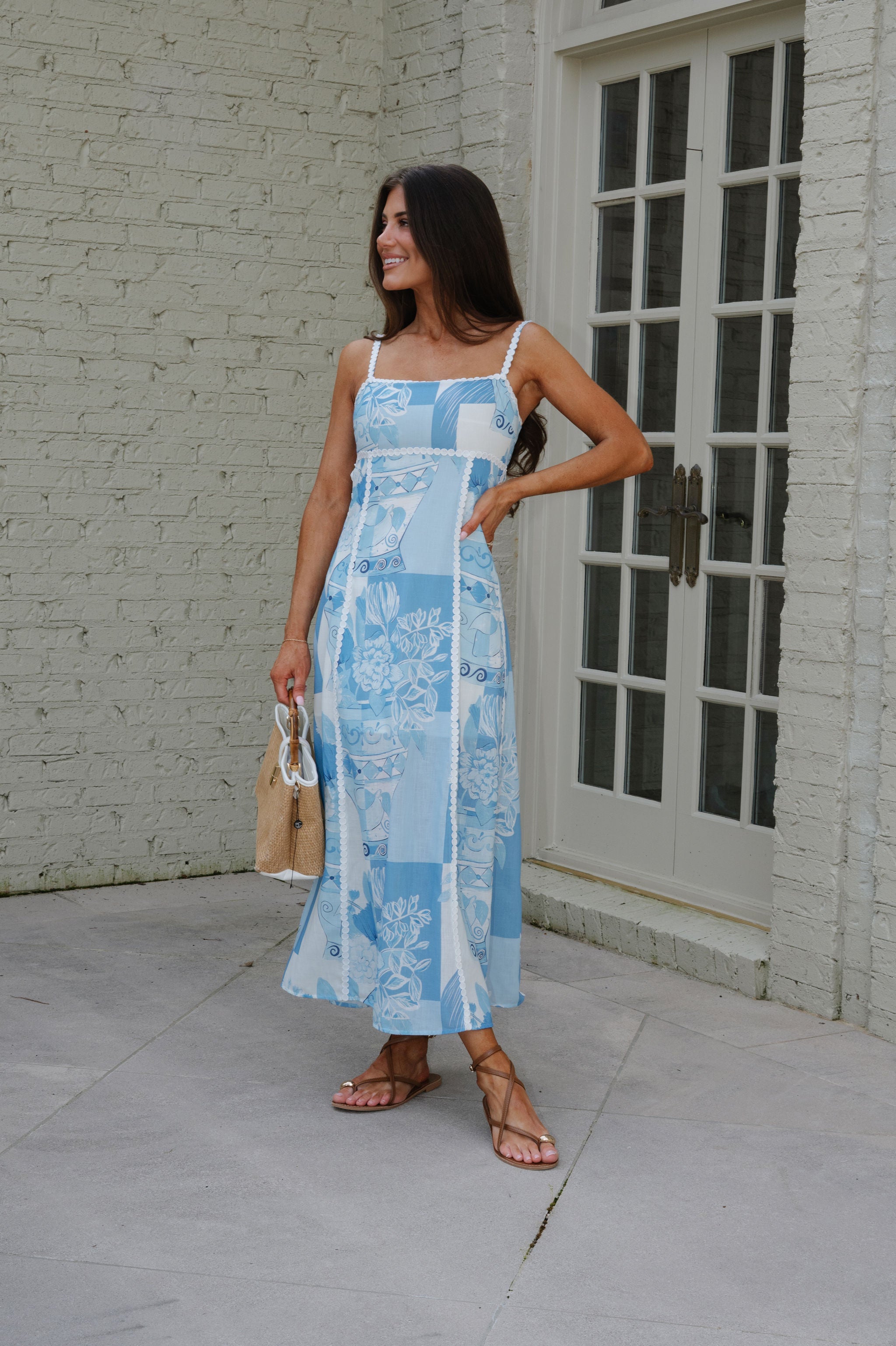 Mosaic Linen Midi Dress-Sky Blue