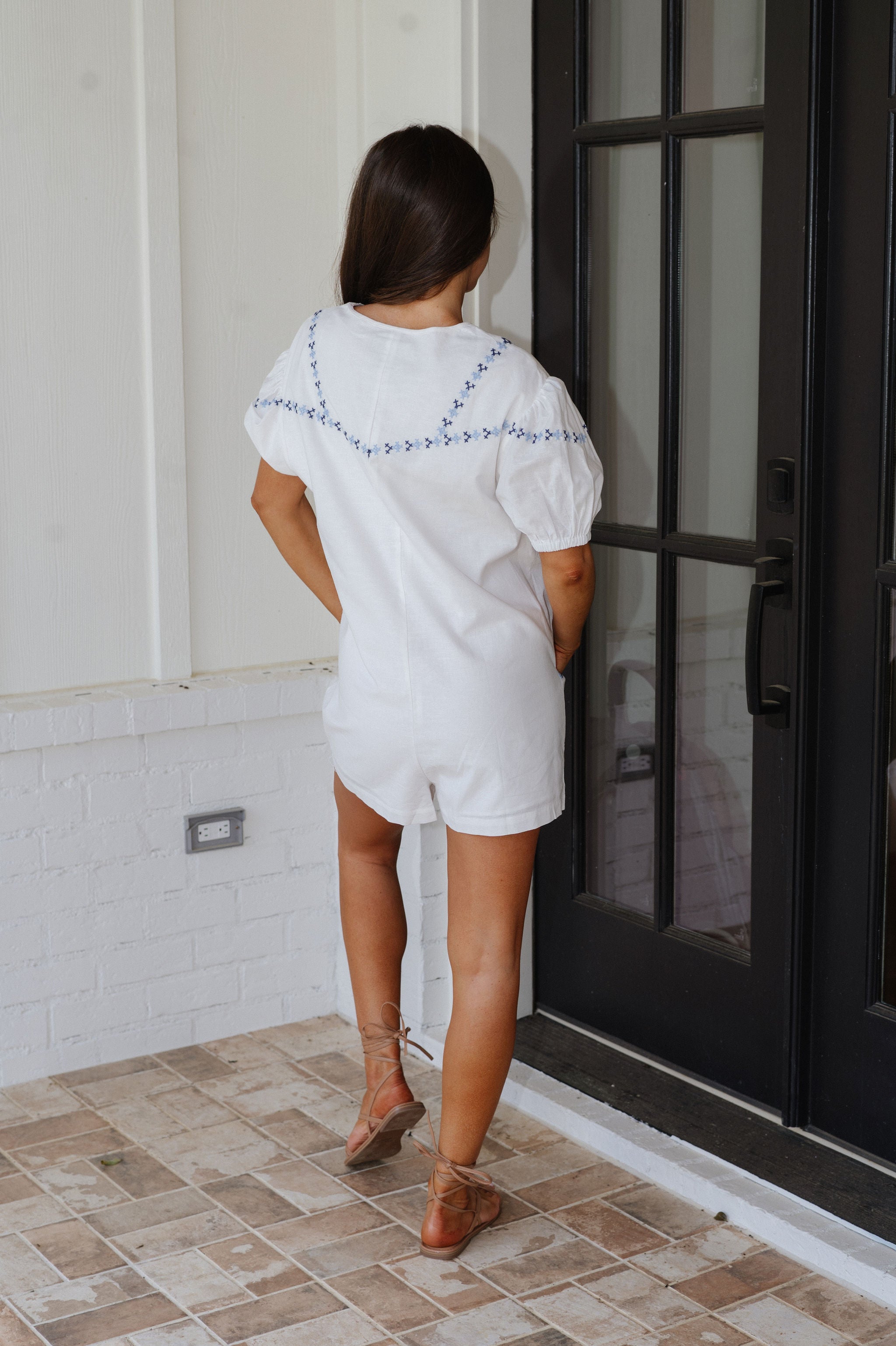 Embroidered Short Sleeve Romper-Off White