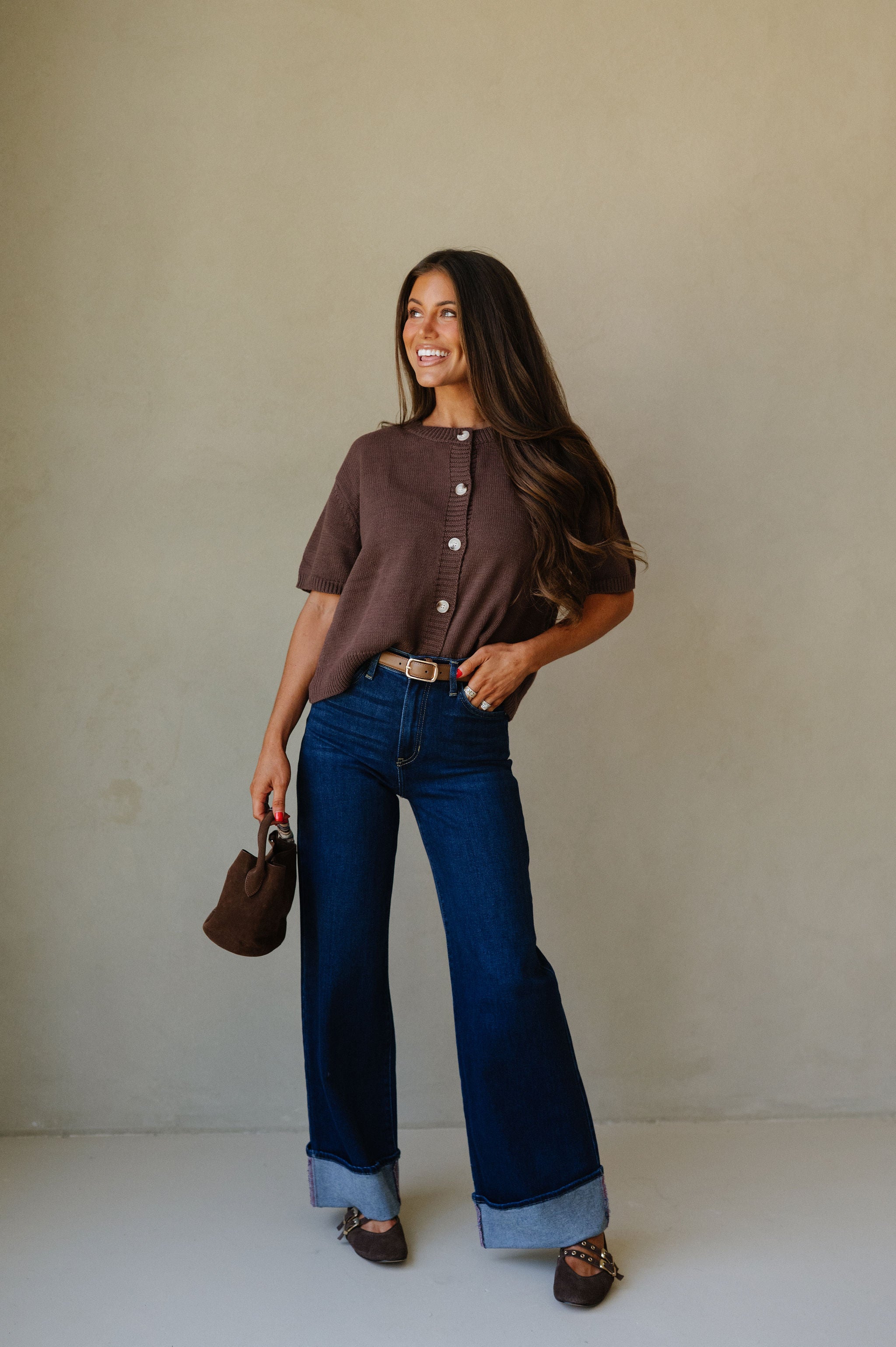 Short Sleeve Sweater Cardigan-Brown