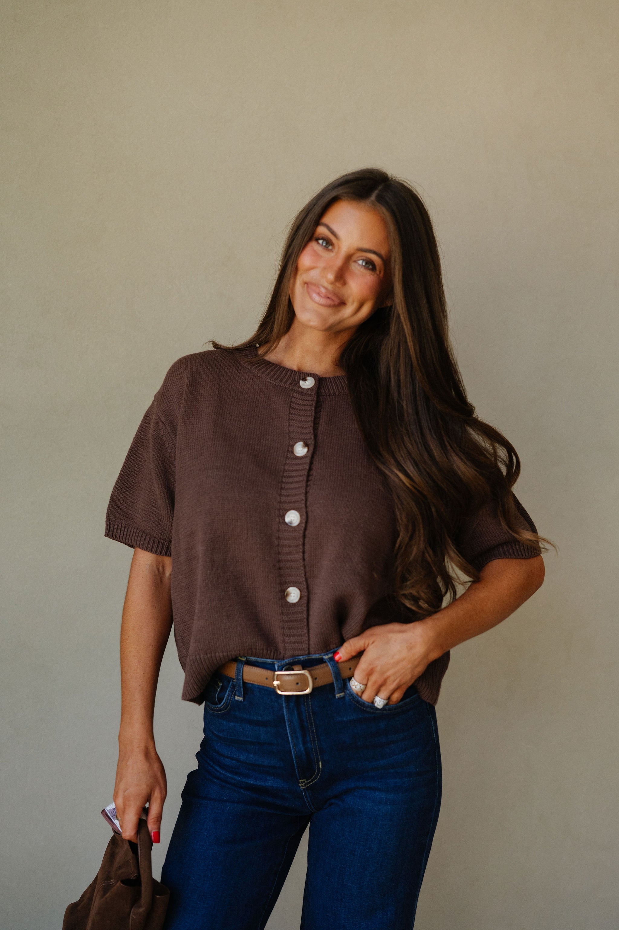 Short Sleeve Sweater Cardigan-Brown