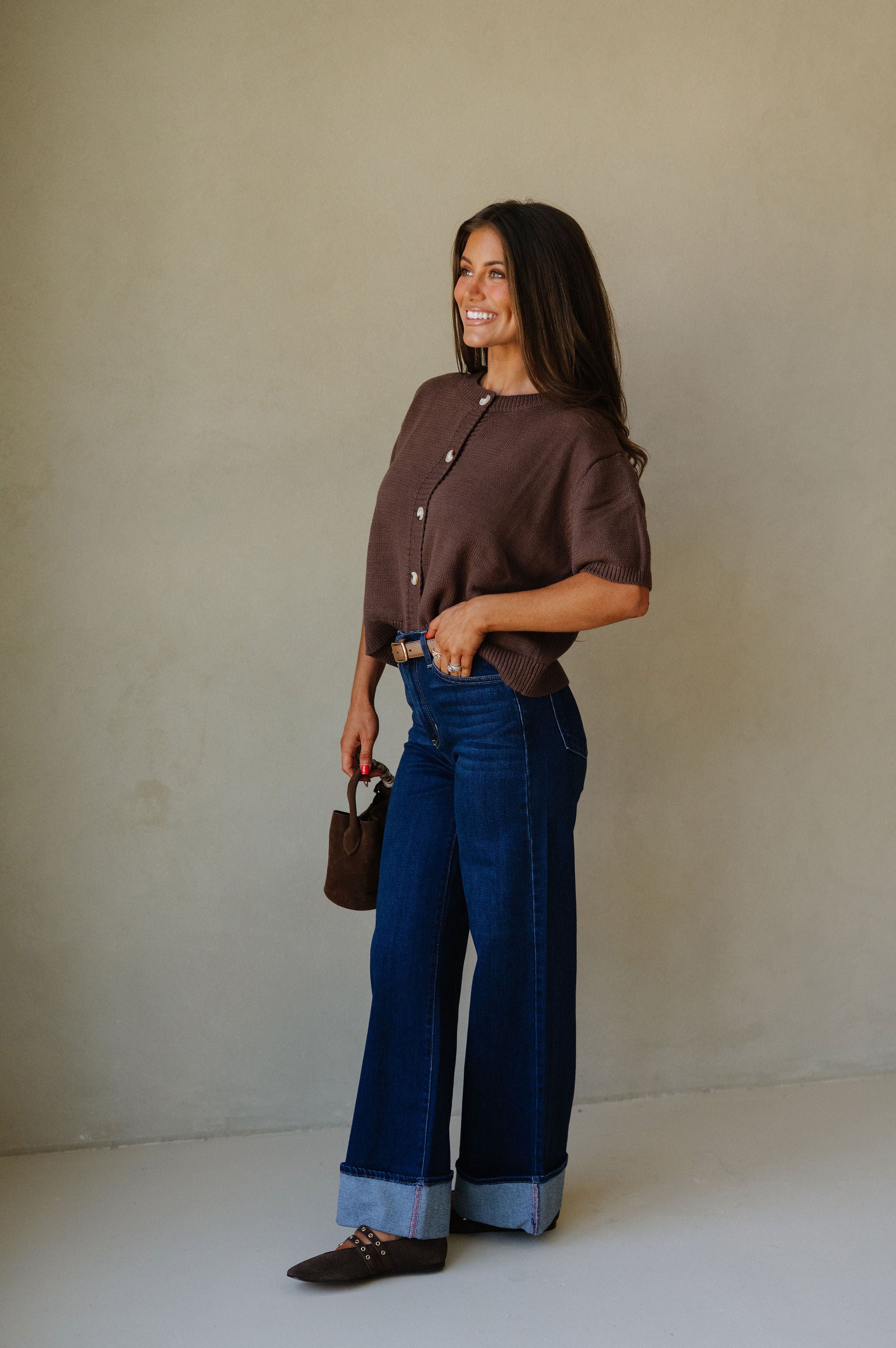 Short Sleeve Sweater Cardigan-Brown