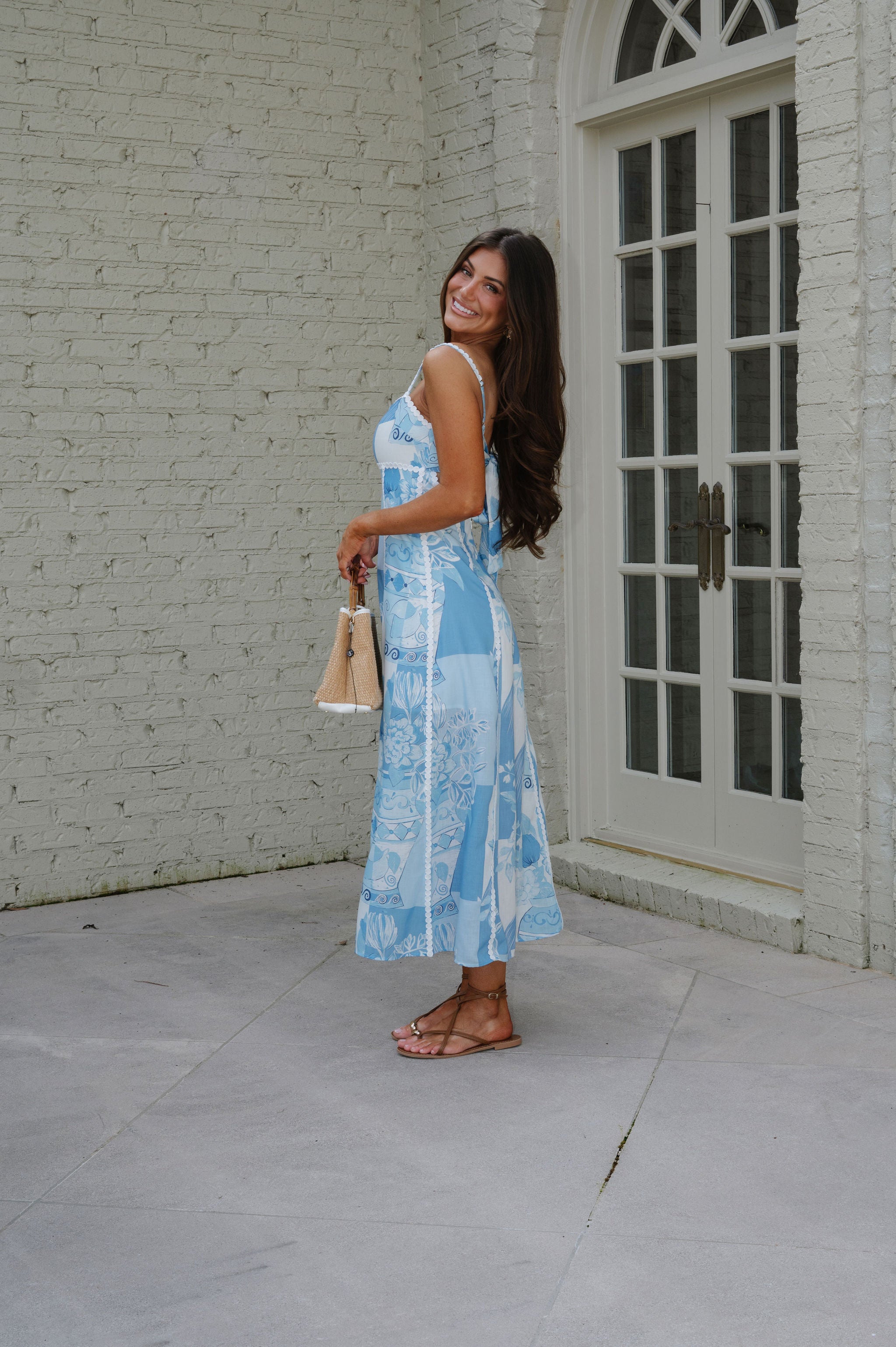 Mosaic Linen Midi Dress-Sky Blue
