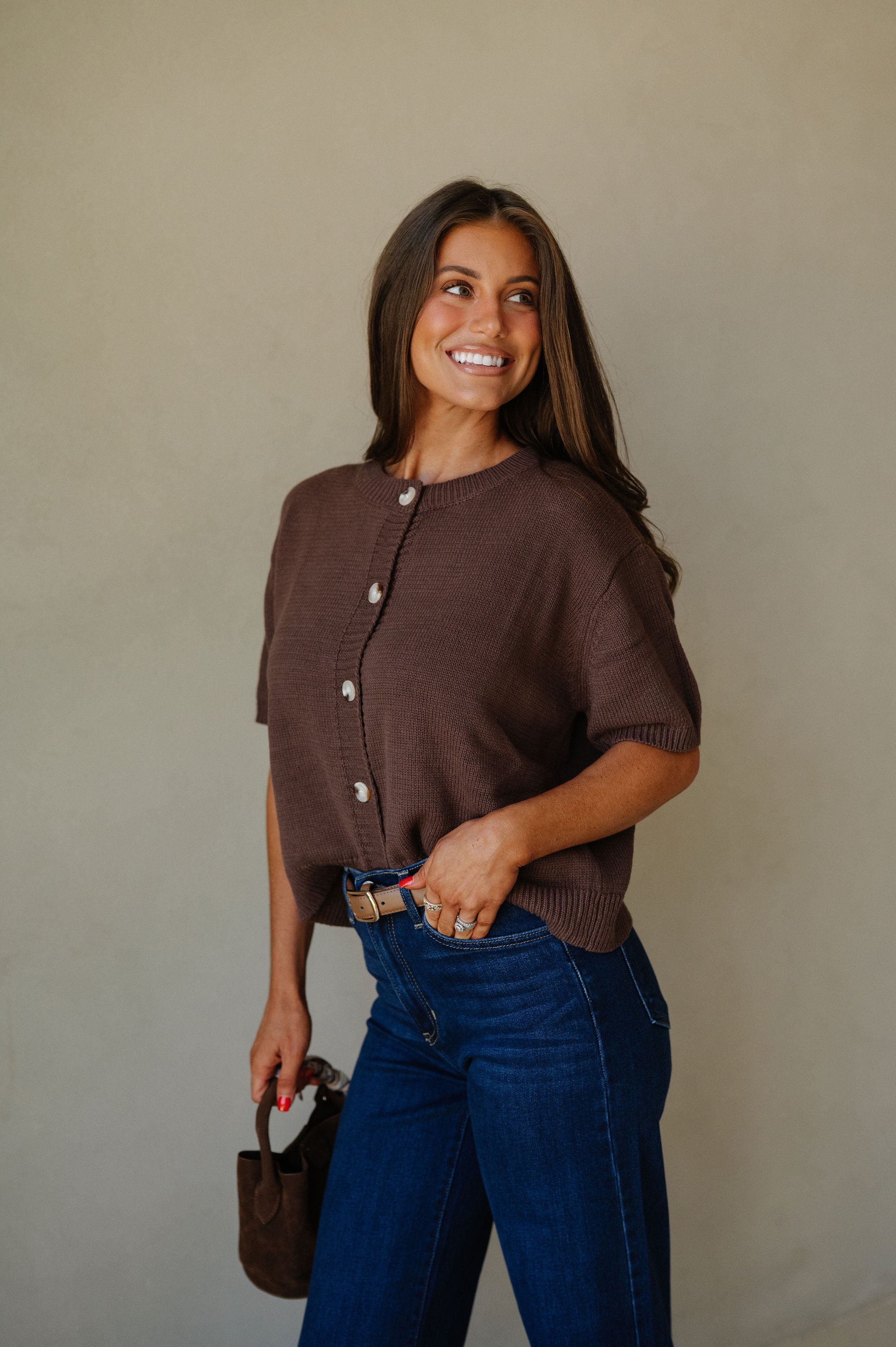 Short Sleeve Sweater Cardigan-Brown