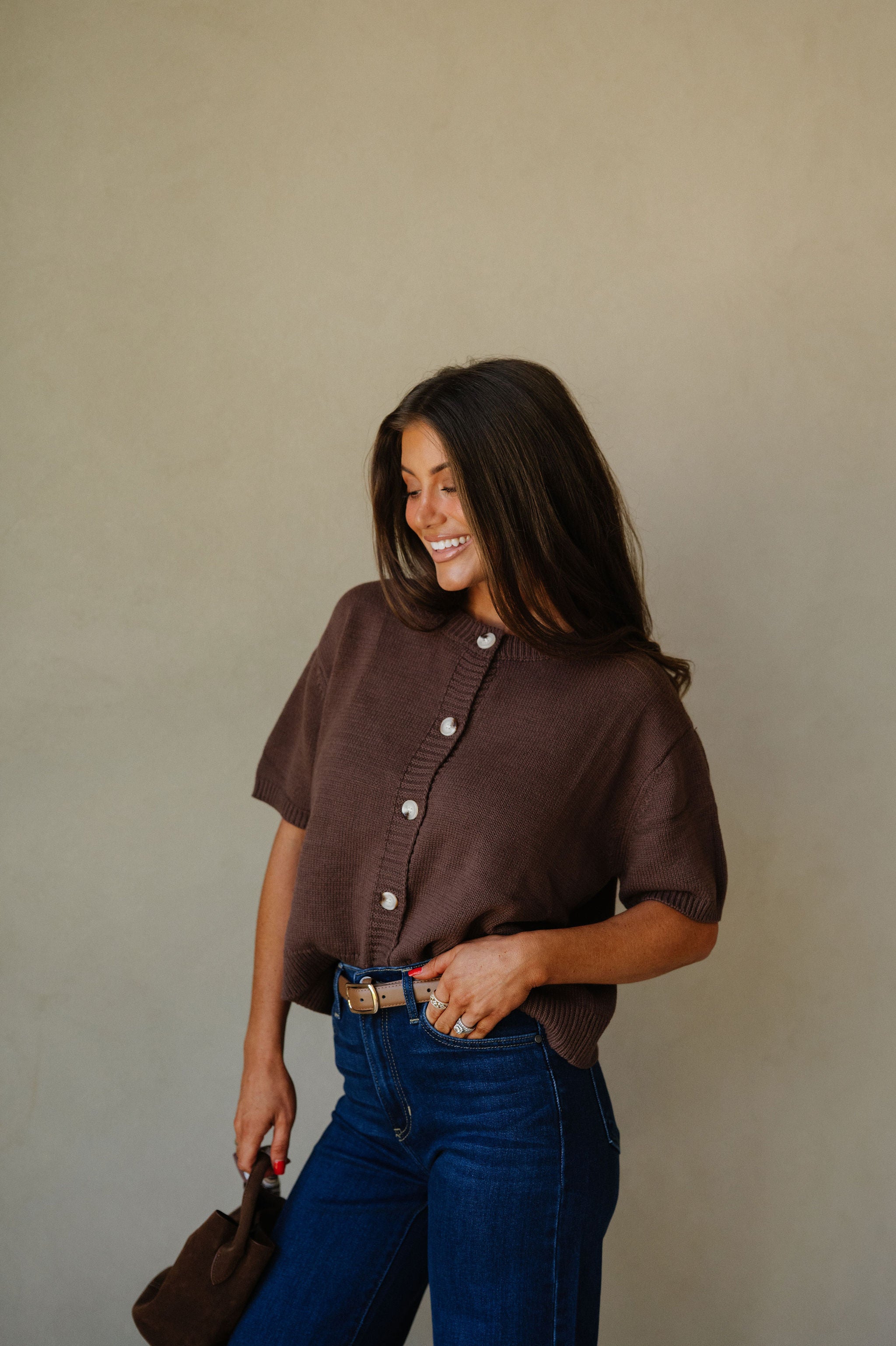 Short Sleeve Sweater Cardigan-Brown