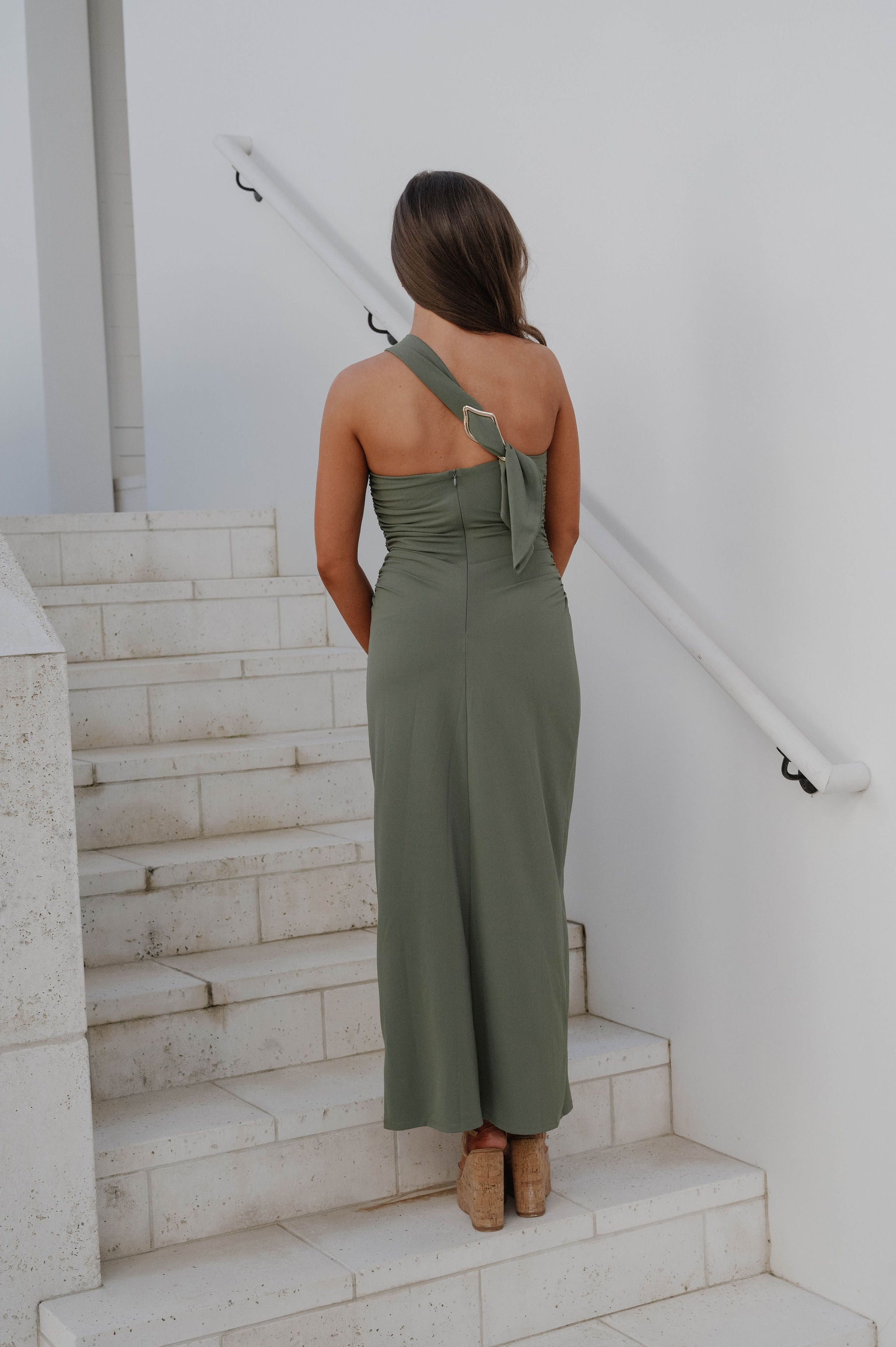 One Shoulder Back Buckle Dress-Olive